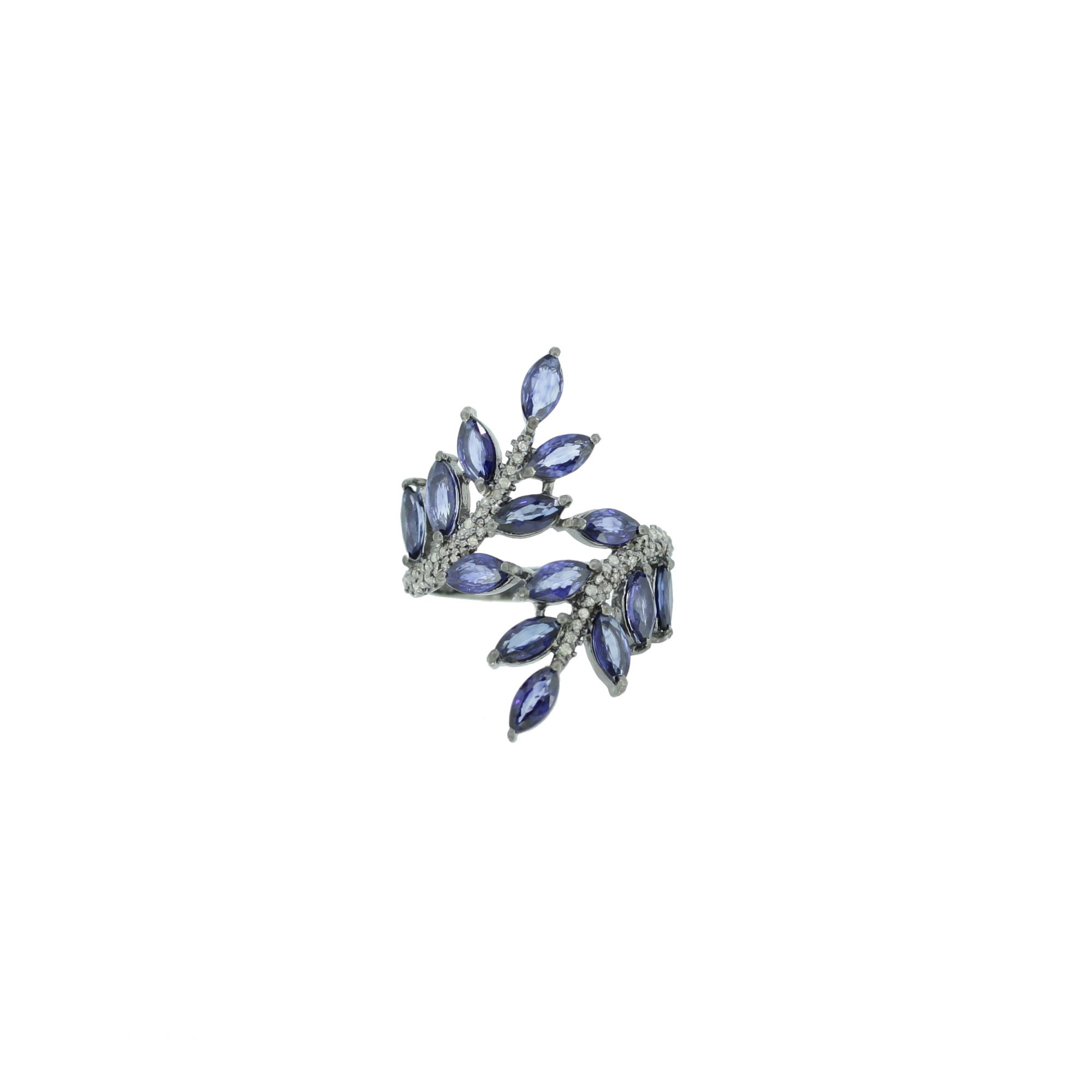 Sterling Silver Blue Sapphire Marquise Diamond Leaf Ring
