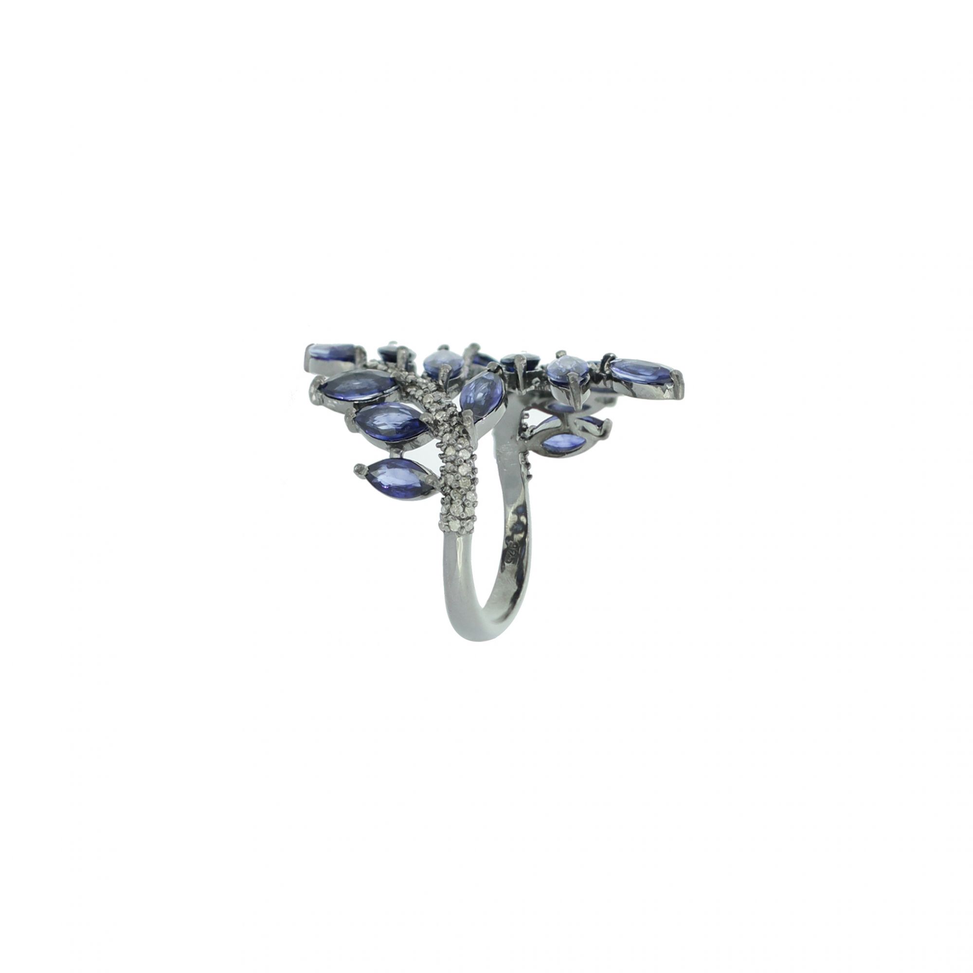 Sterling Silver Blue Sapphire Marquise Diamond Leaf Ring