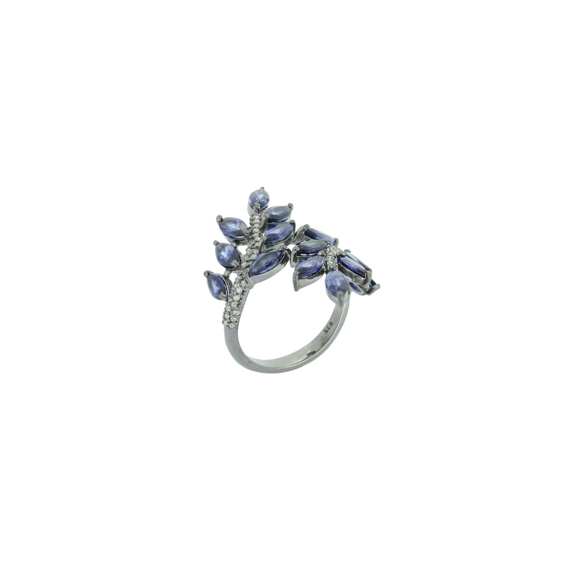Sterling Silver Blue Sapphire Marquise Diamond Leaf Ring