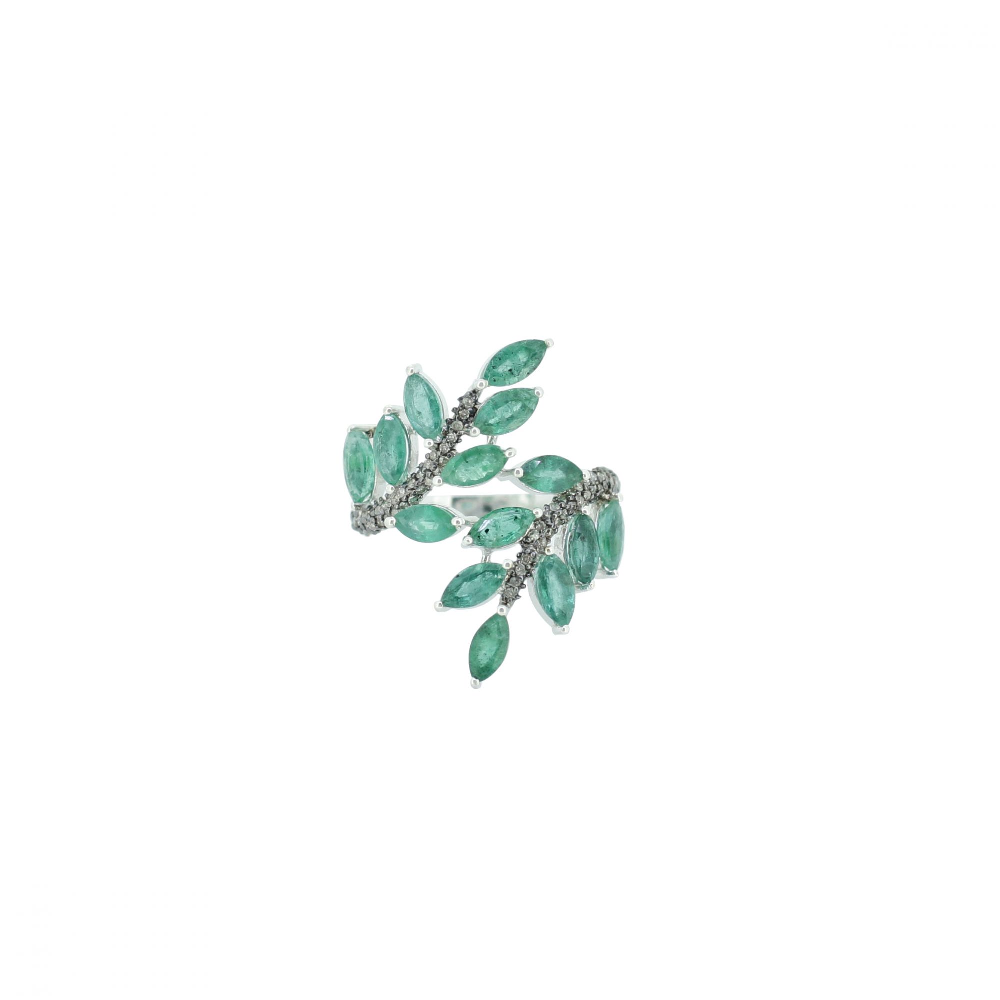 Sterling Silver Emerald Diamond Leaf Ring