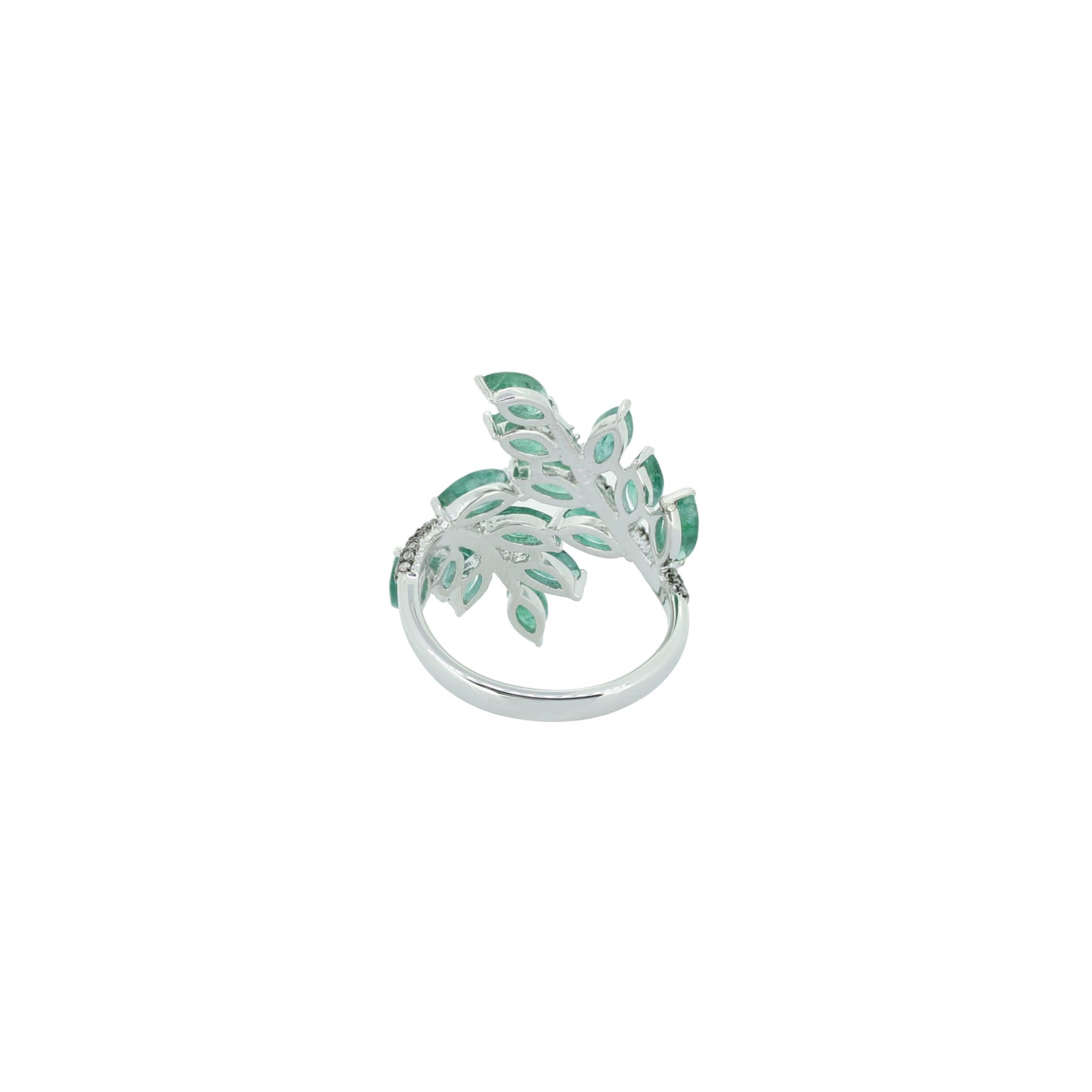 Sterling Silver Emerald Diamond Leaf Ring