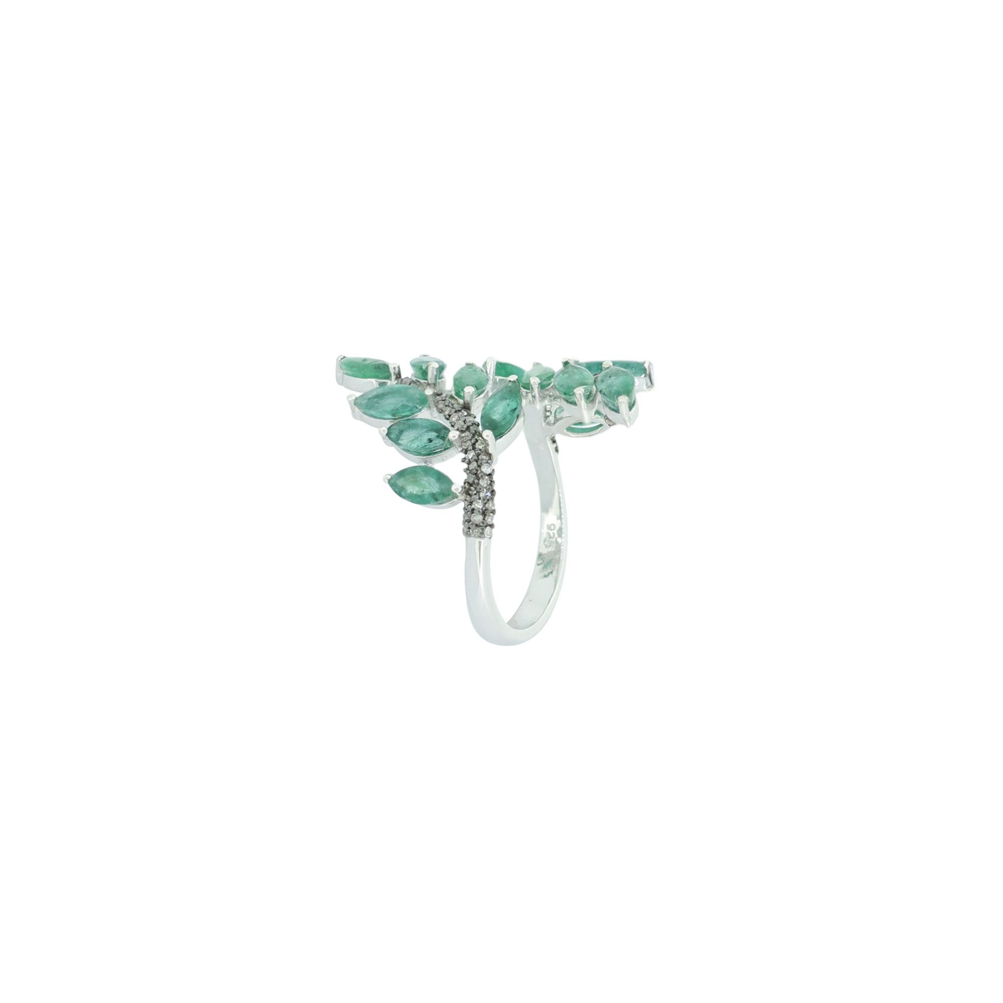 Sterling Silver Emerald Diamond Leaf Ring