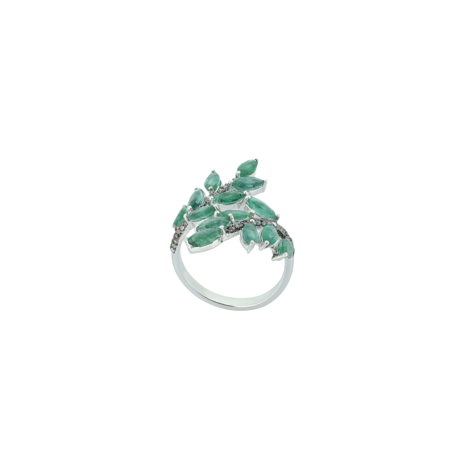 Sterling Silver Emerald Diamond Leaf Ring