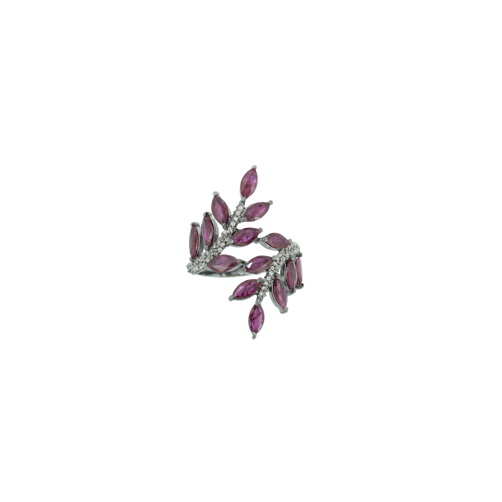 Sterling Silver Ruby Diamond Leaf Ring