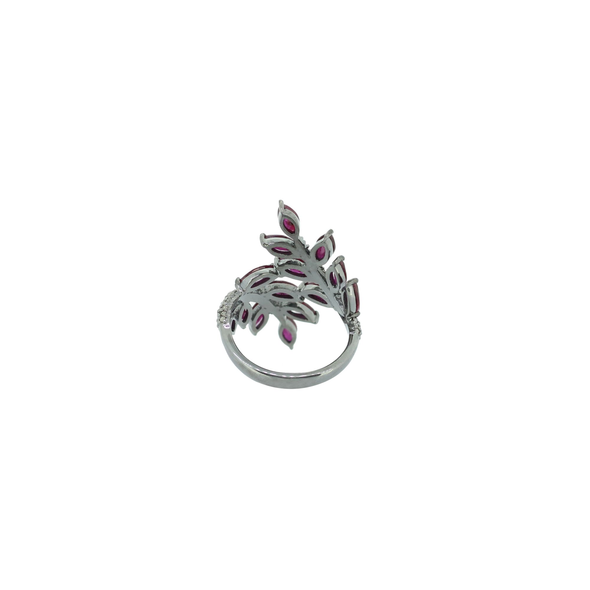 Sterling Silver Ruby Diamond Leaf Ring
