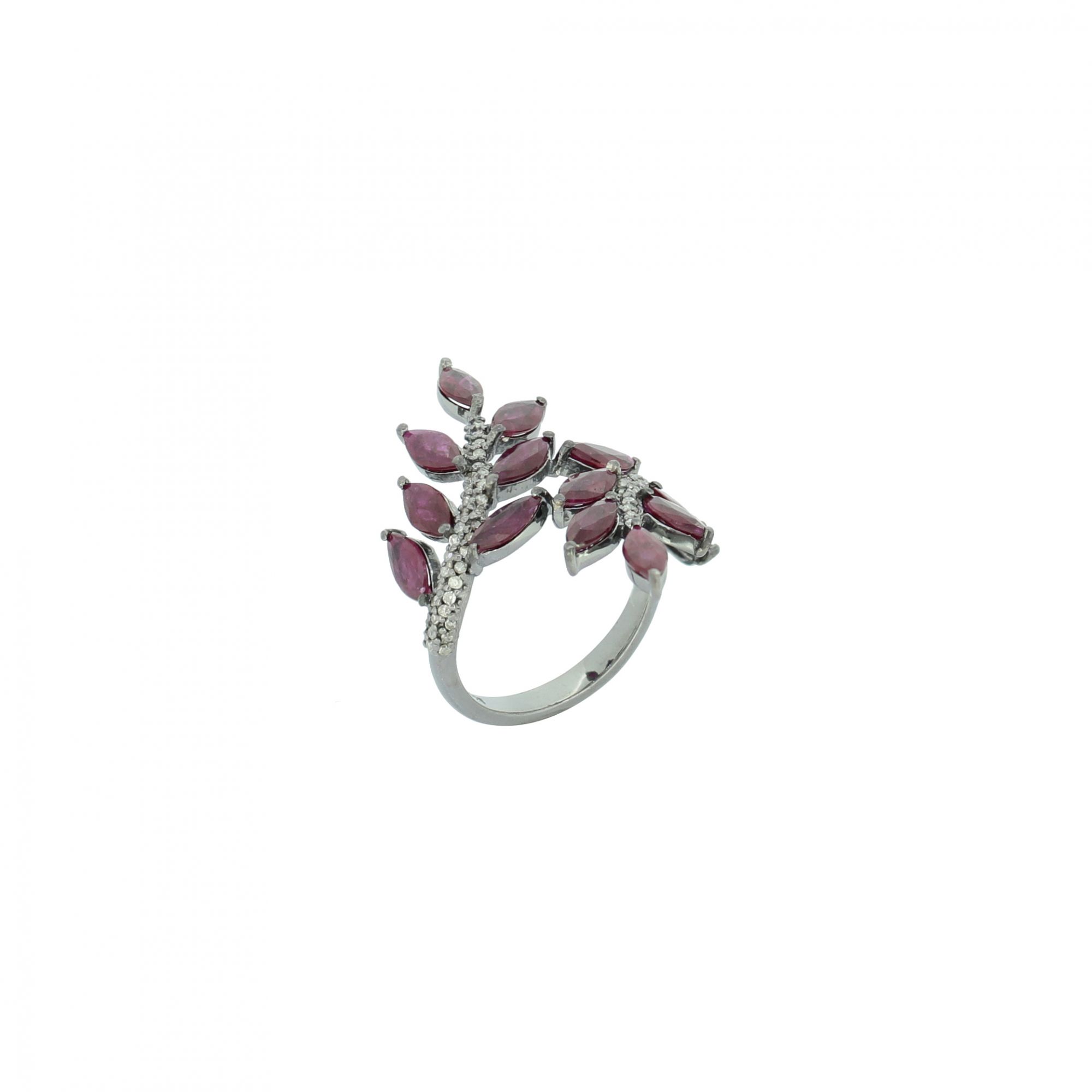 Sterling Silver Ruby Diamond Leaf Ring