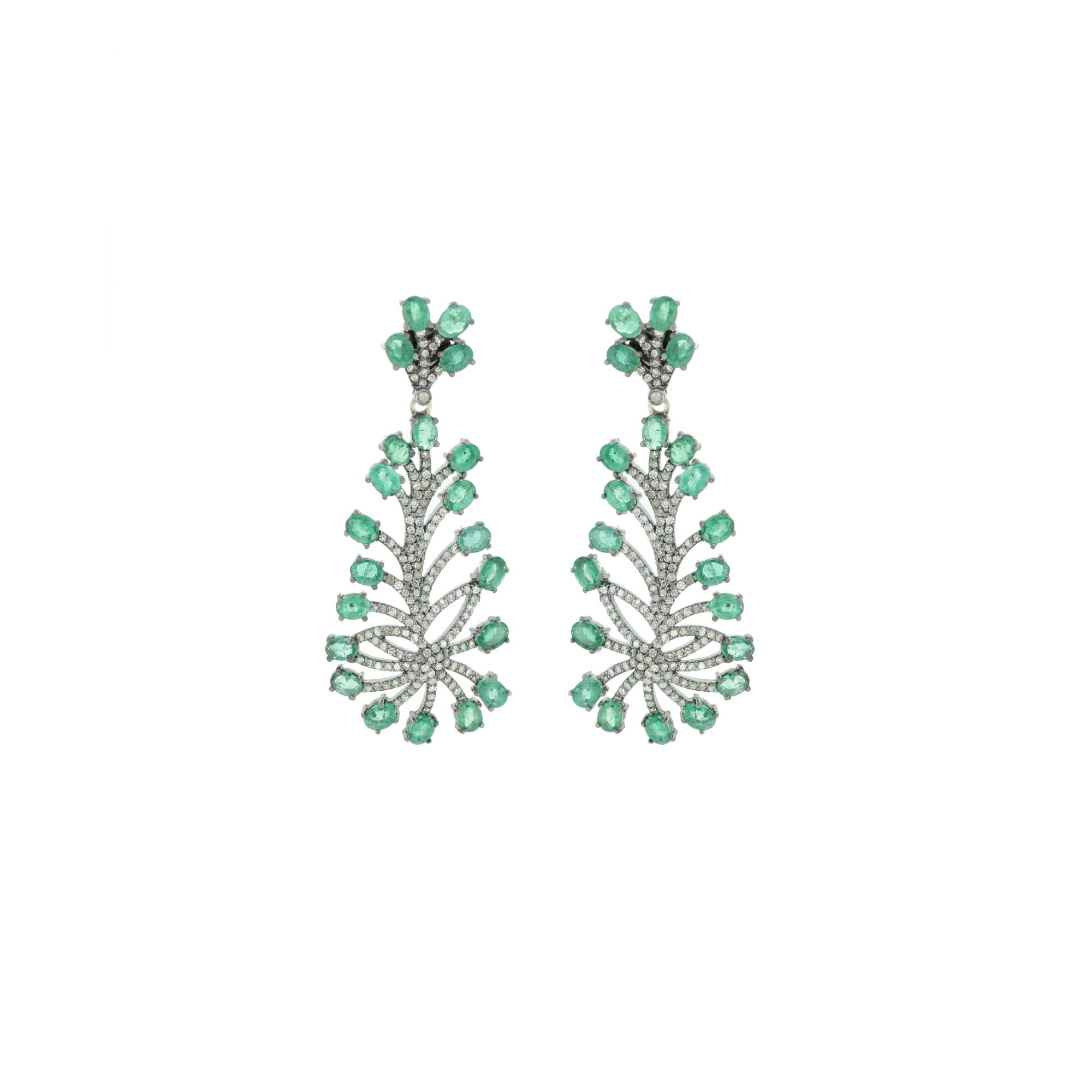 Sterling Silver Emerald and Diamond Dangle Earrings