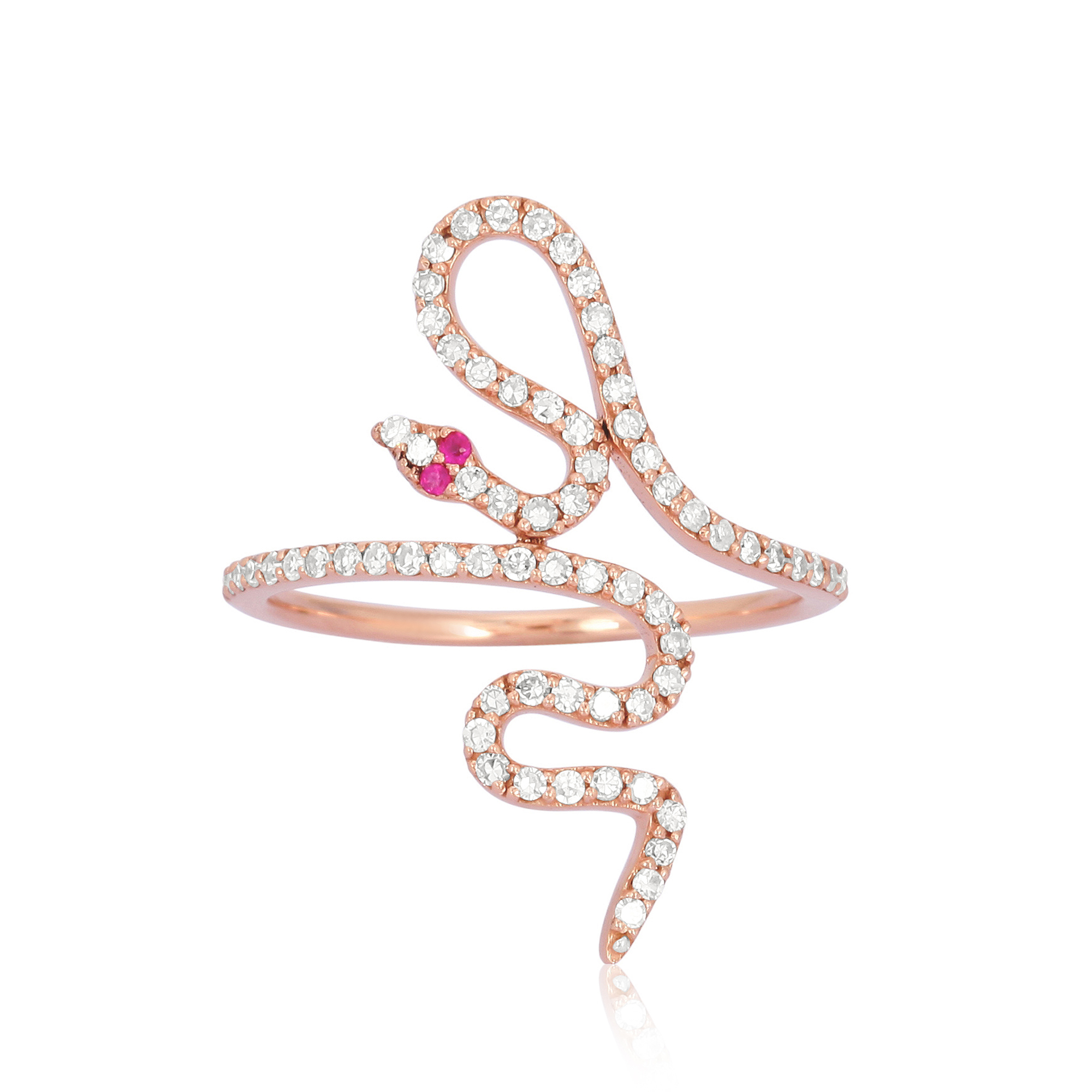 Rose Gold Diamond Snake Ring with Ruby Eyes