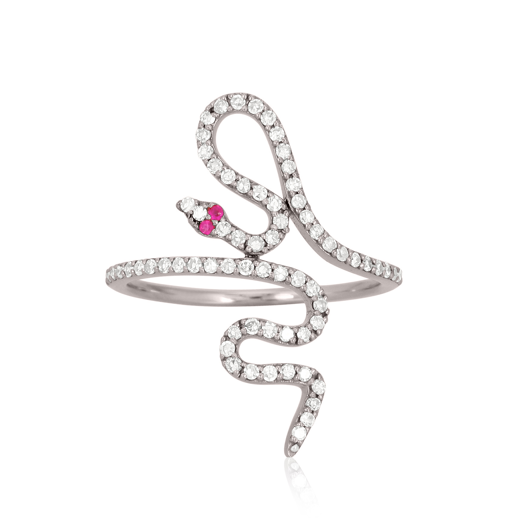 Sterling Silver Diamond Snake Ring with Ruby Eyes