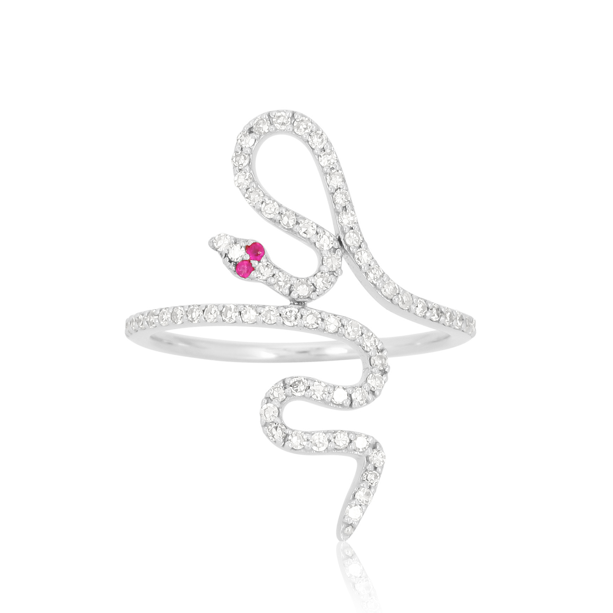 White Gold Diamond Snake Ring with Ruby Eyes
