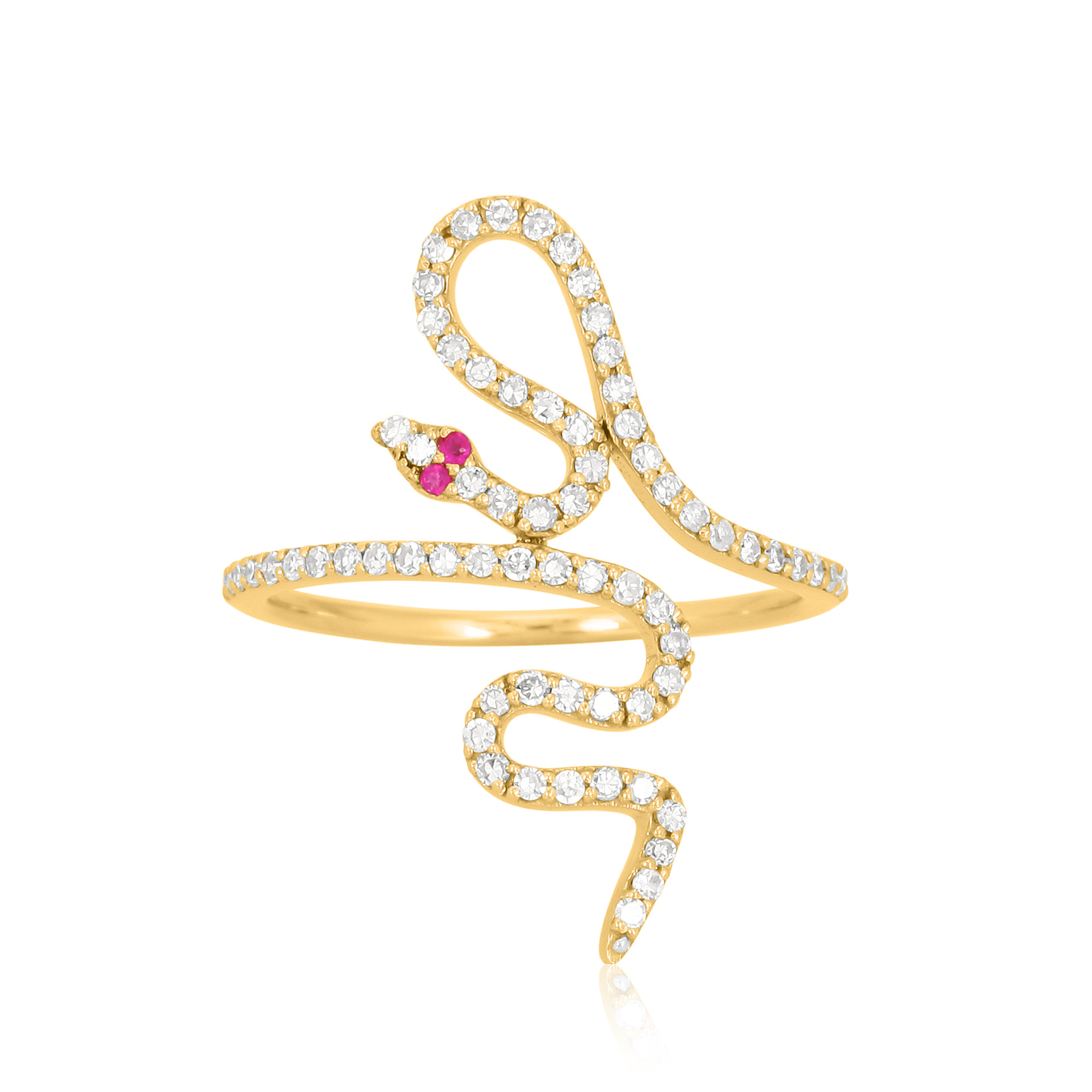 Yellow Gold Diamond Snake Ring with Ruby Eyes