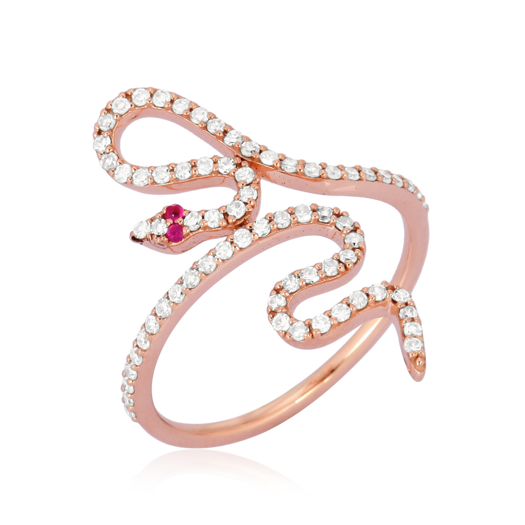Rose Gold Diamond Snake Ring with Ruby Eyes