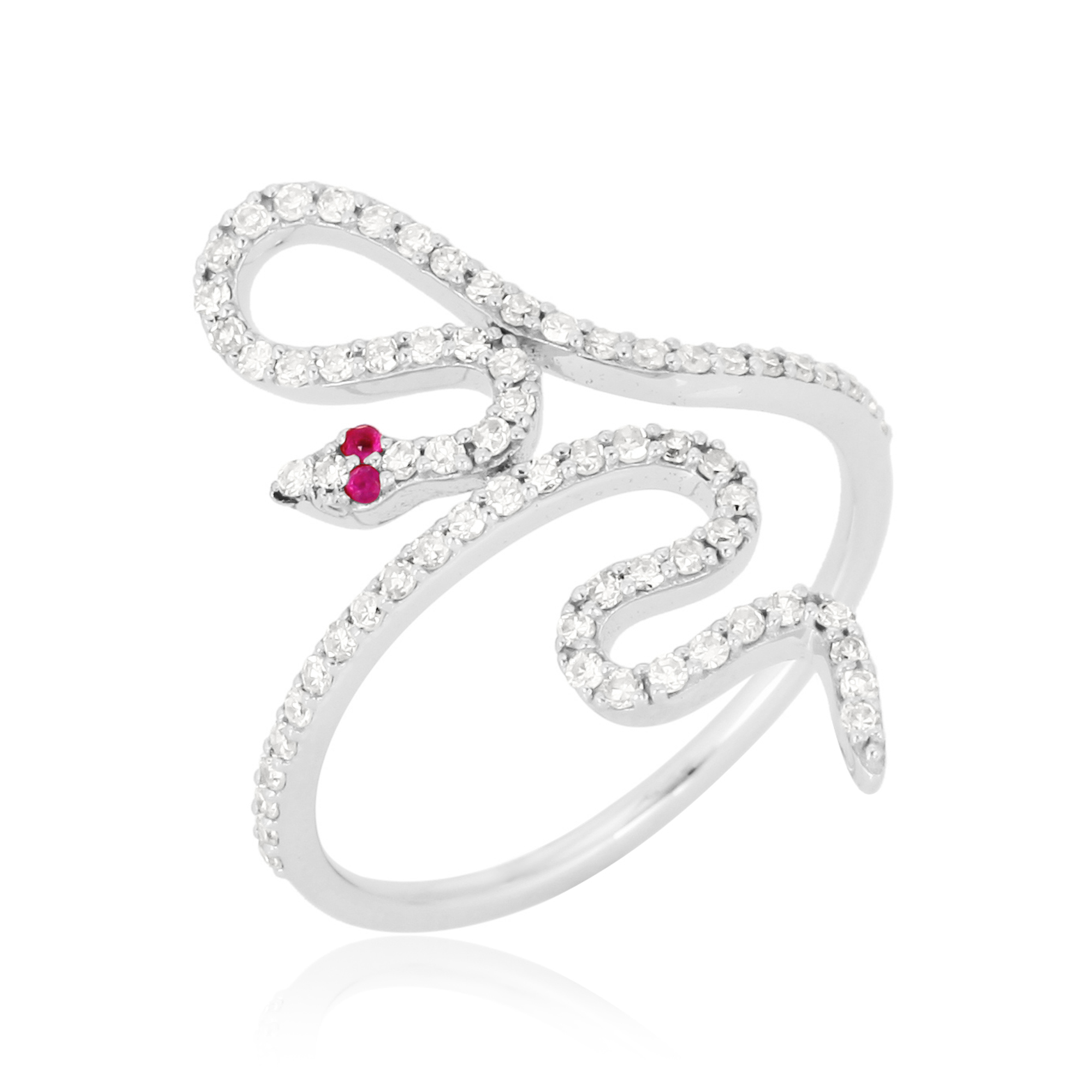 White Gold Diamond Snake Ring with Ruby Eyes