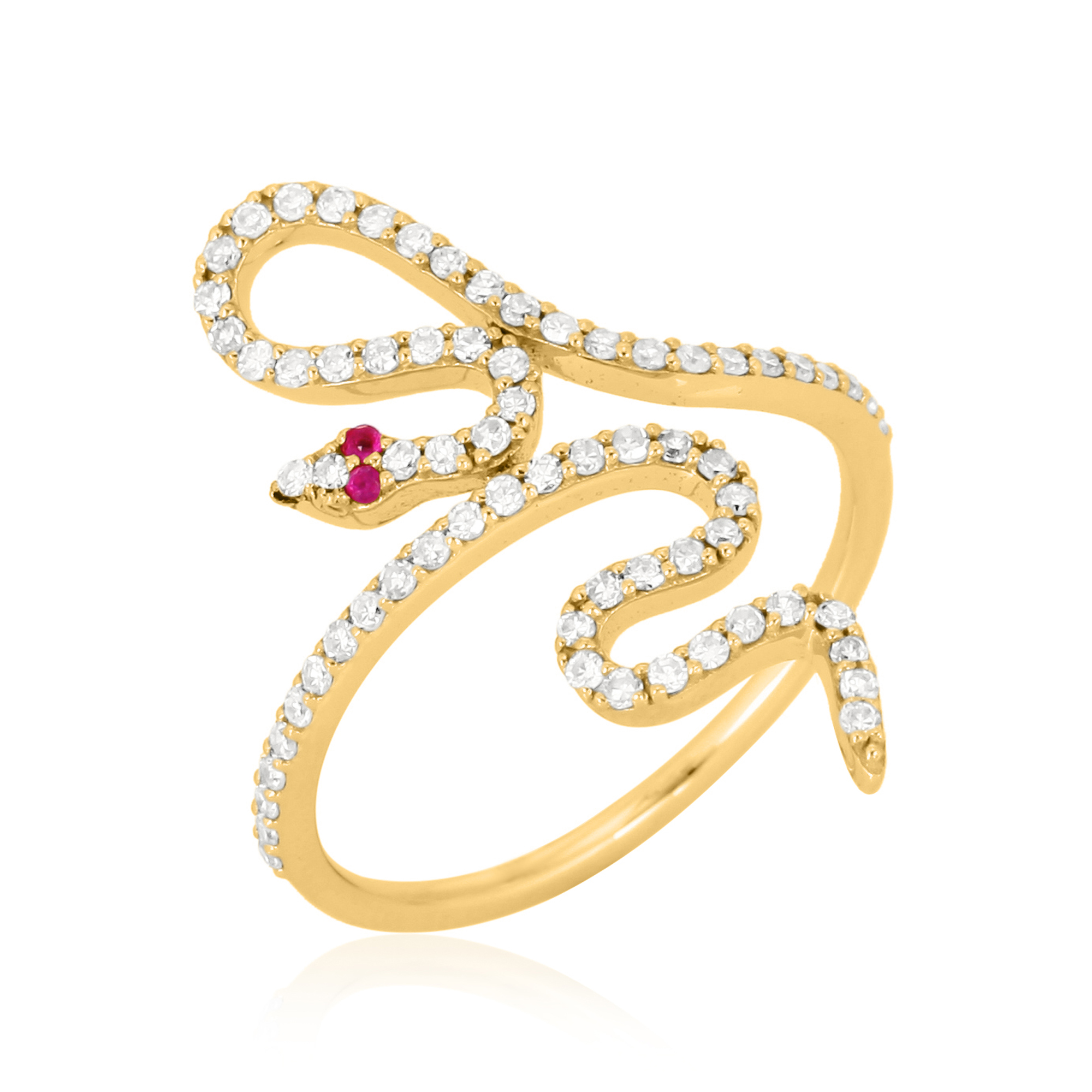 Yellow Gold Diamond Snake Ring with Ruby Eyes