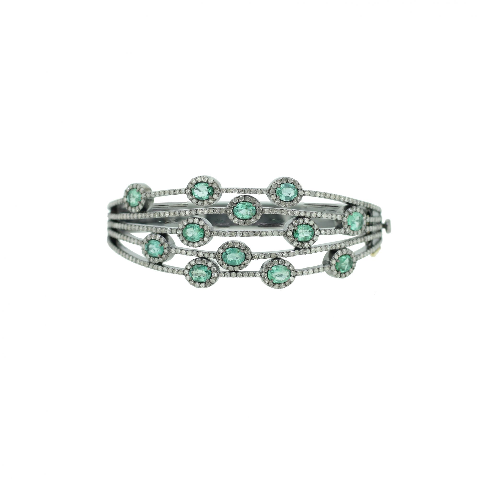 Sterling Silver Diamond Emerald Openable Bangle