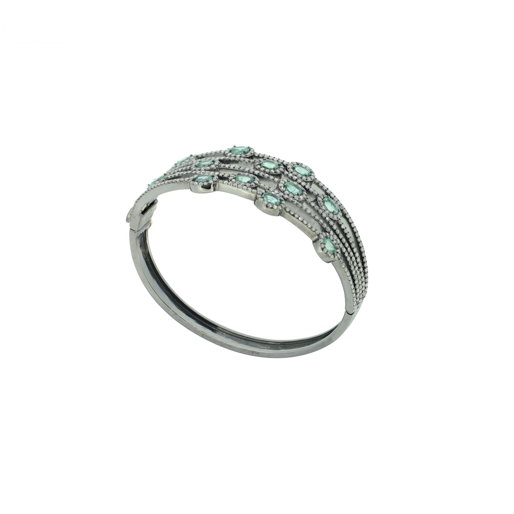 Sterling Silver Diamond Emerald Openable Bangle