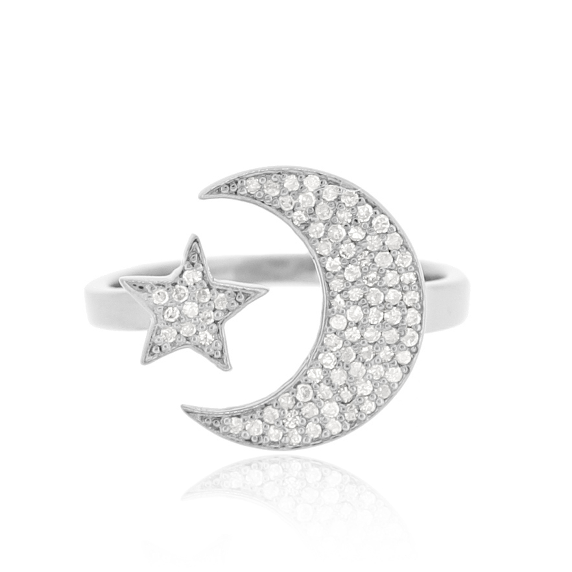 Sterling Silver Star and Moon Diamond Ring