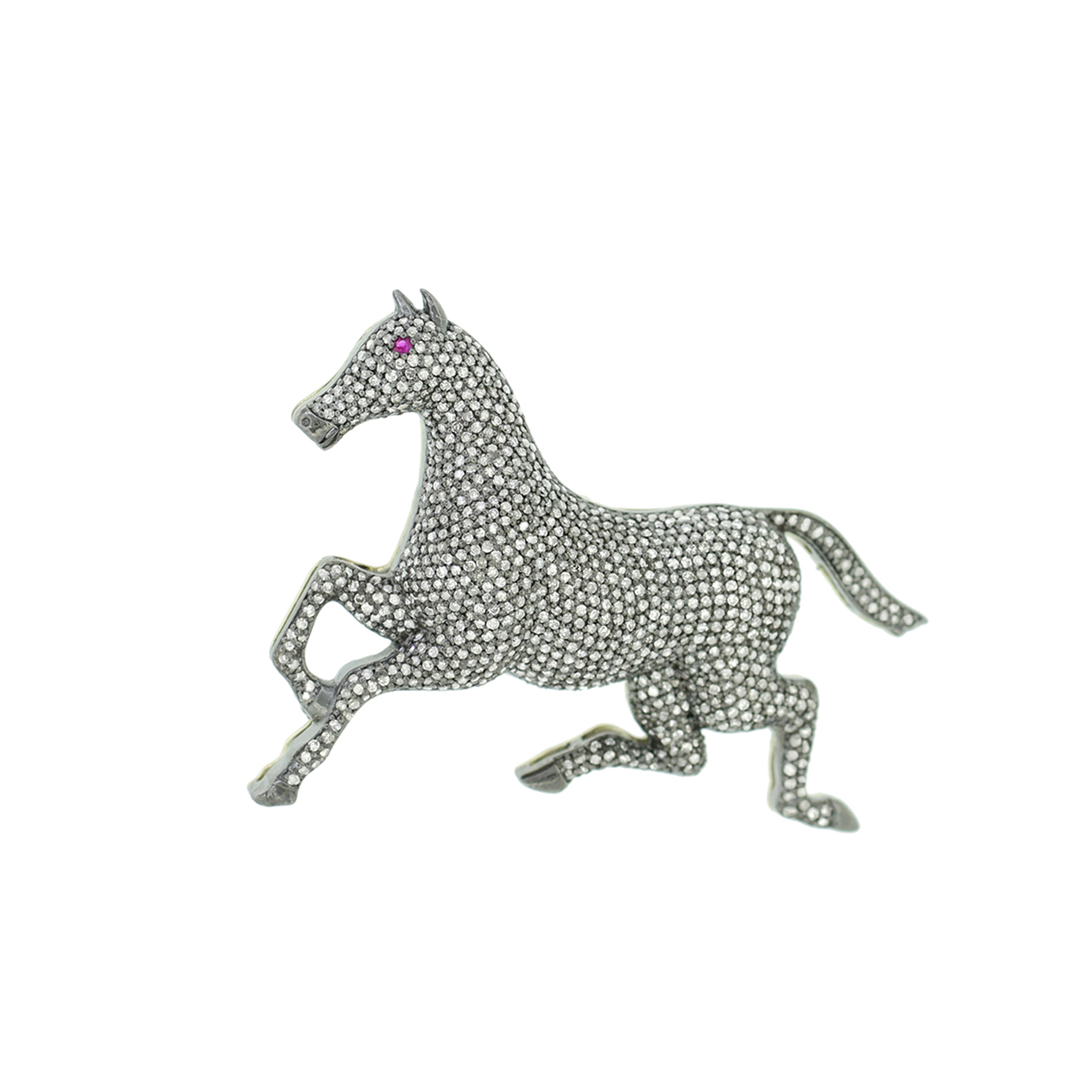 Sterling Silver Diamond Horse Brooch With Ruby Eyes