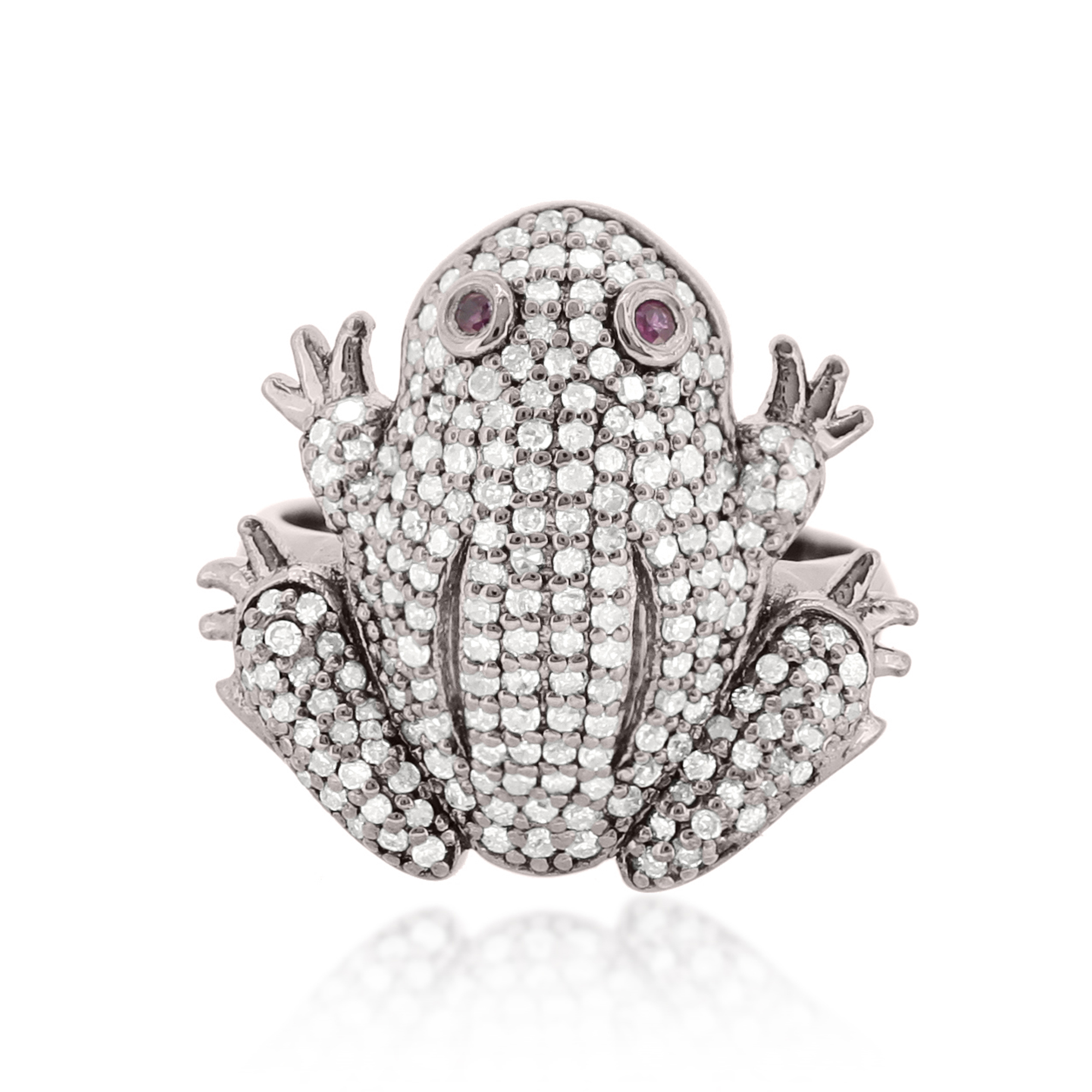 Sterling Silver Frog Diamond Ring with Ruby Eyes