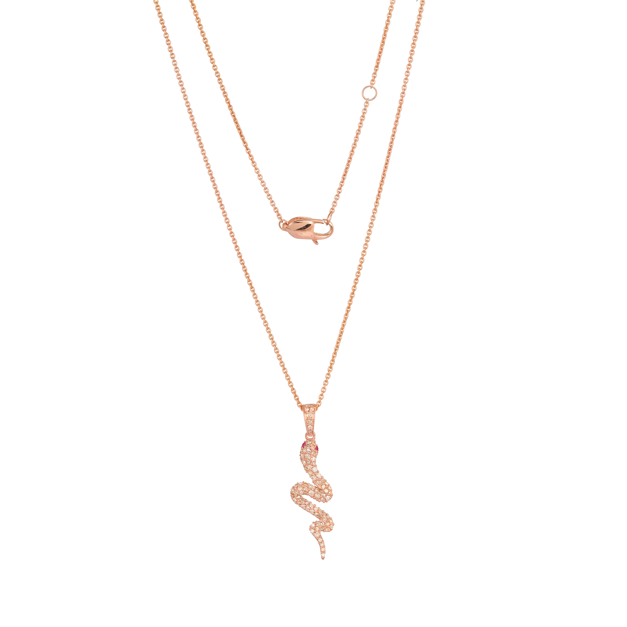 Rose Gold Snake Diamond Pendant with Chain with Ruby eyes