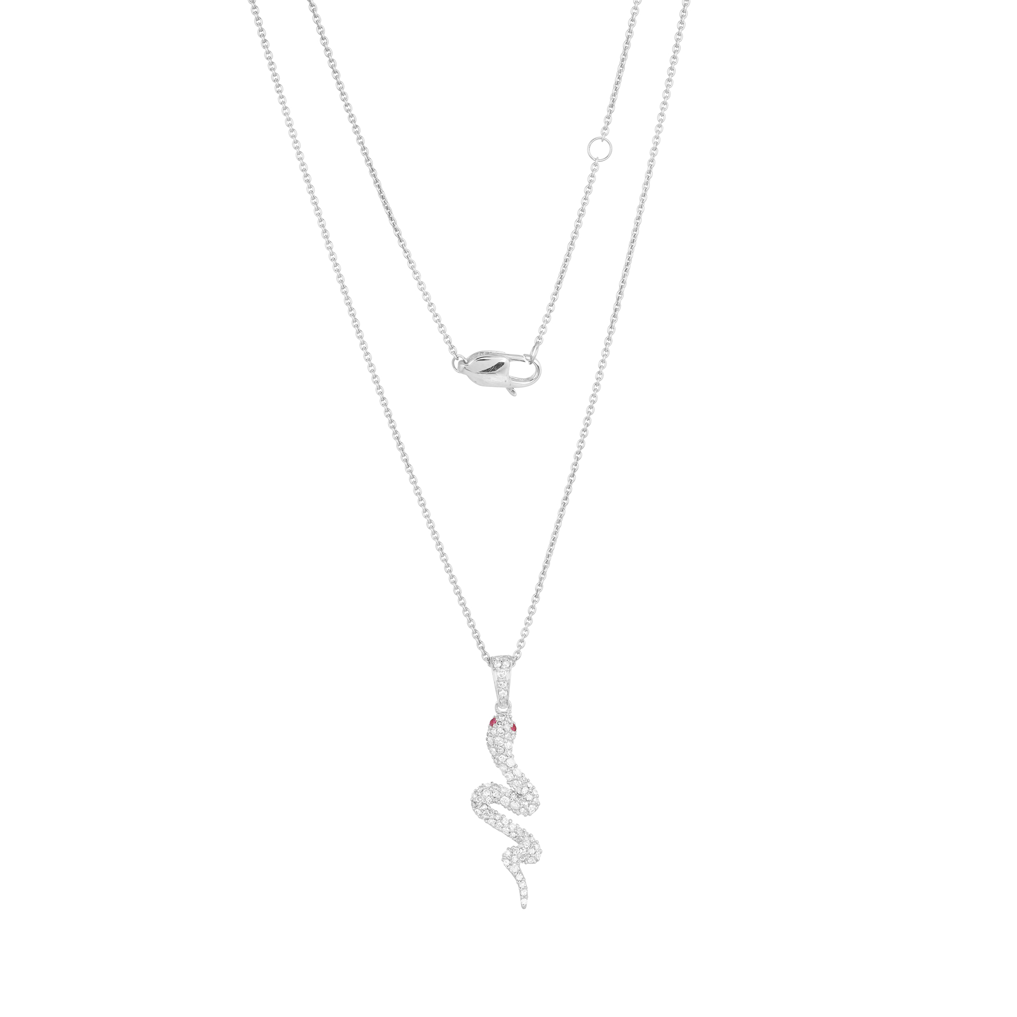 Sterling Silver Snake Diamond Pendant with Chain with Ruby eyes