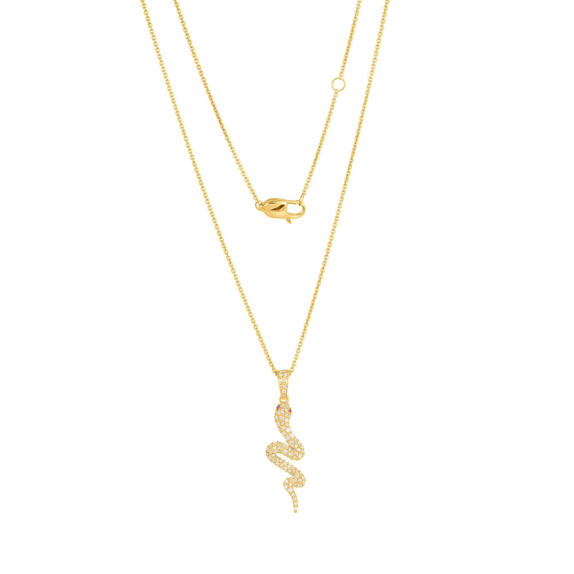 Yellow Gold Snake Diamond Pendant with Chain with Ruby eyes