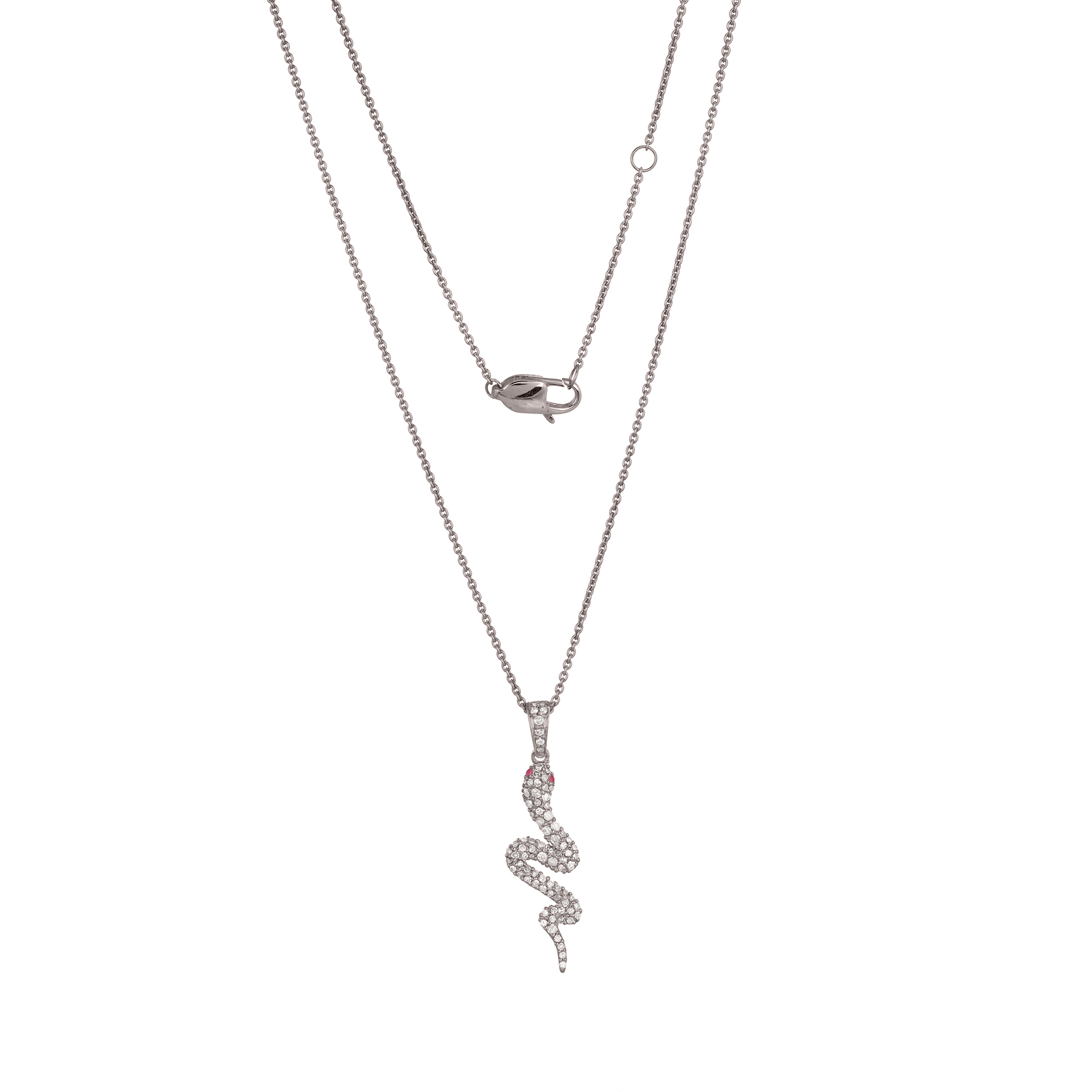 Sterling Silver Snake Diamond Pendant with Chain with Ruby eyes