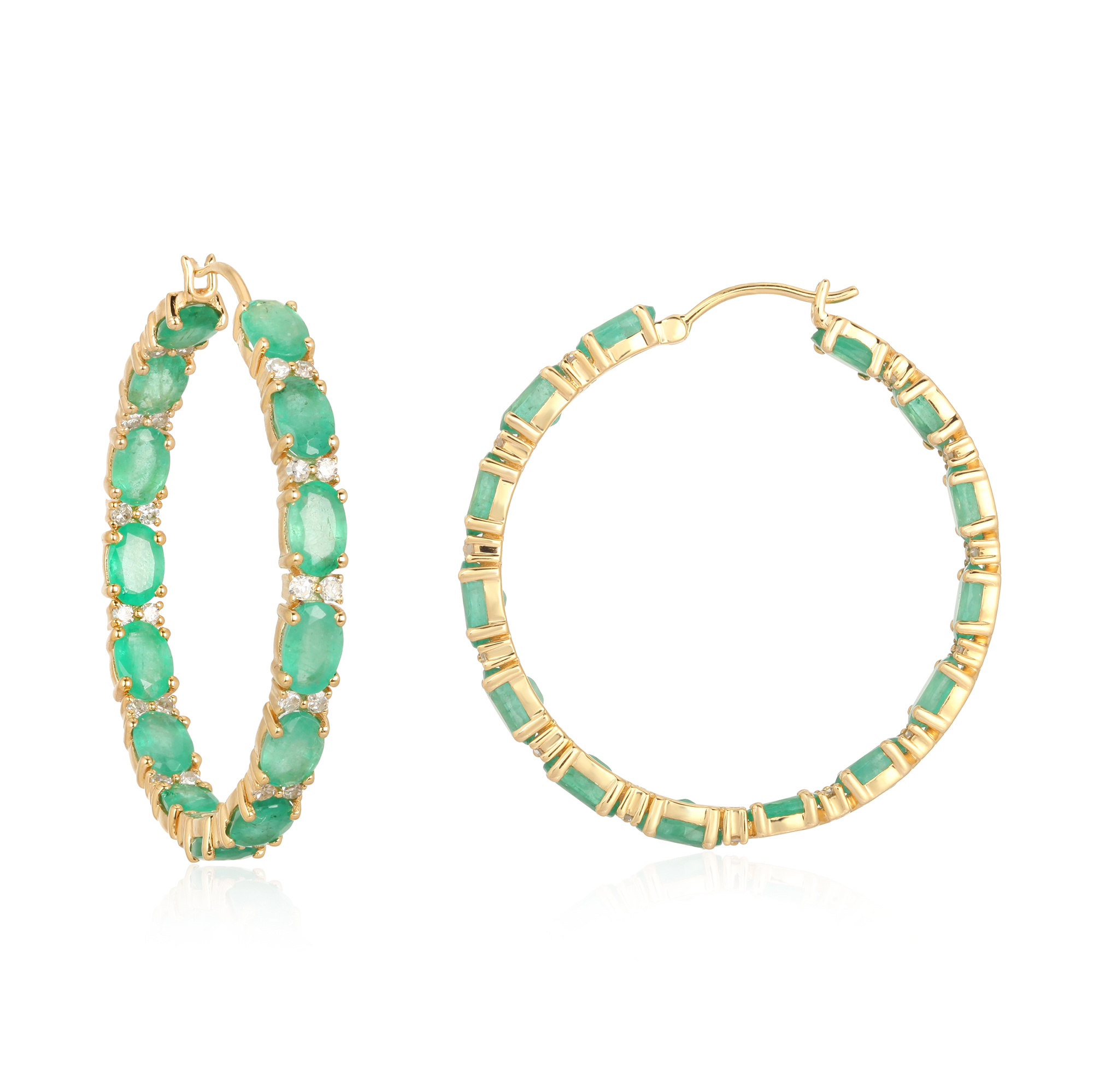 Yellow Gold Emerald Diamond Hoop Earrings