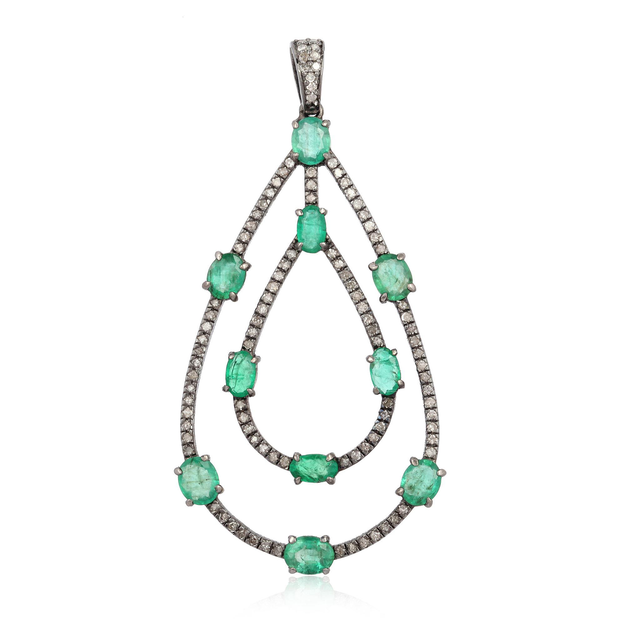 Sterling Silver Pear Shape Emerald Diamond Pendant