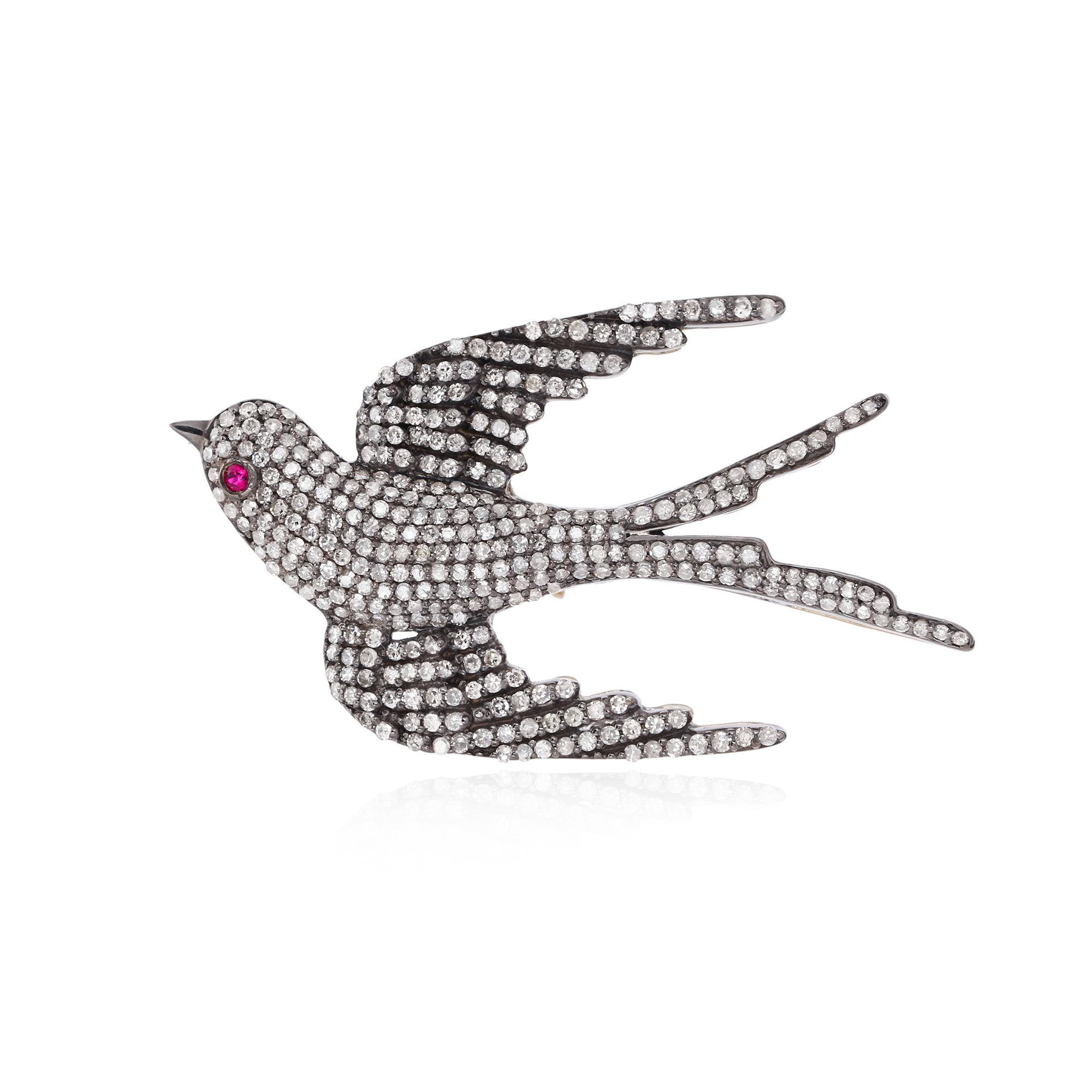 Sterling Silver Diamond Bird Brooch With Ruby Eyes