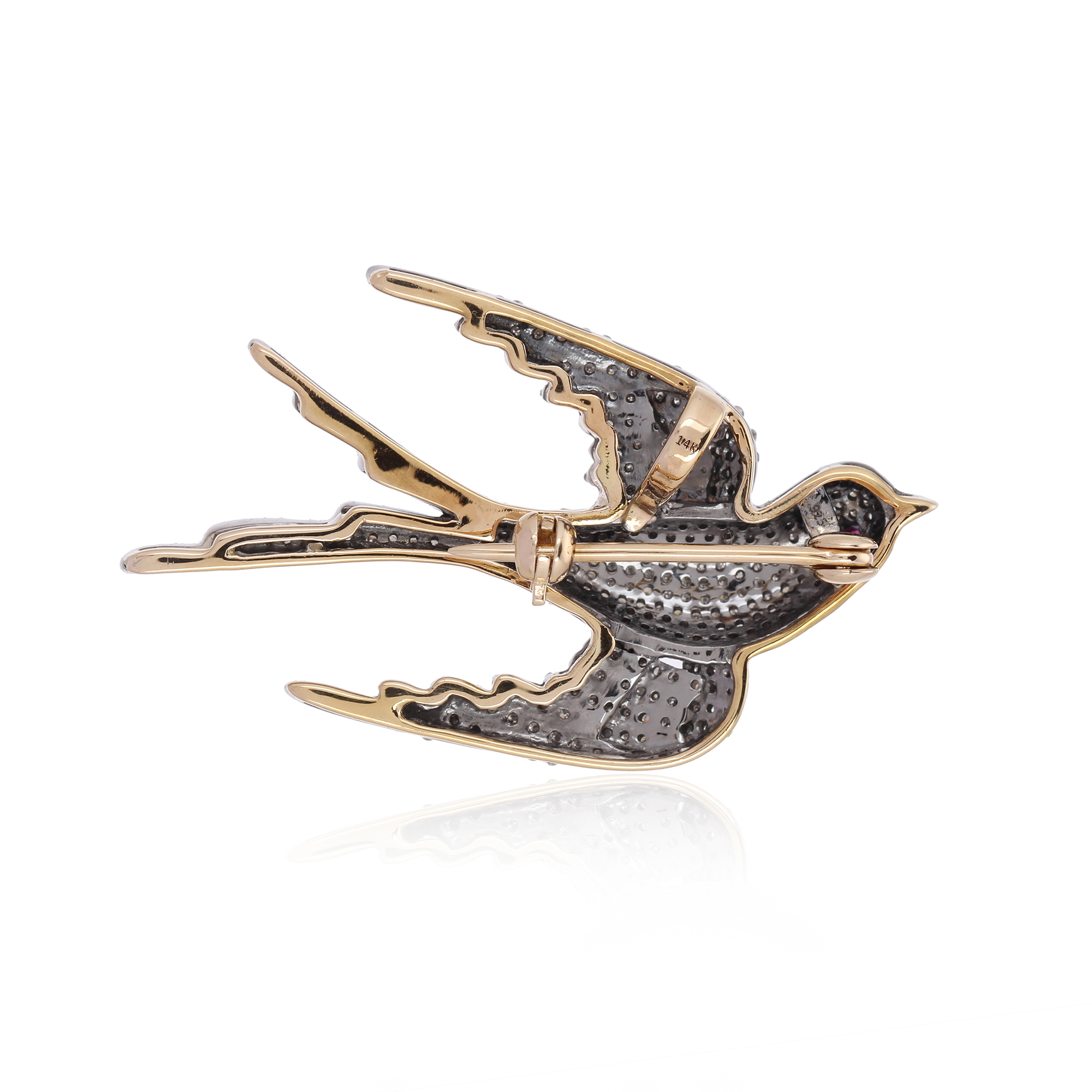 Sterling Silver Diamond Bird Brooch With Ruby Eyes