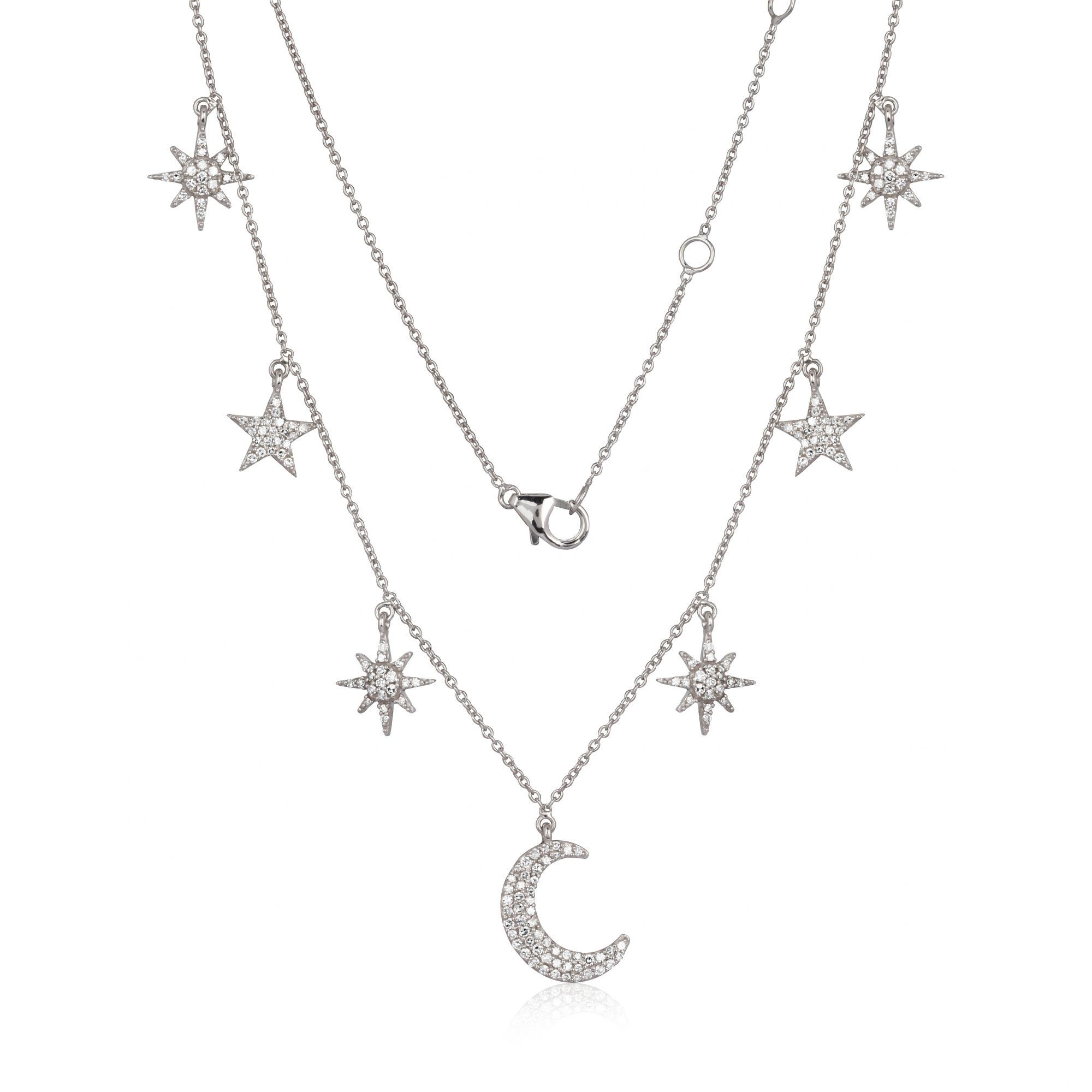 Sterling Silver Star and Half Moon Charm Diamond Necklace
