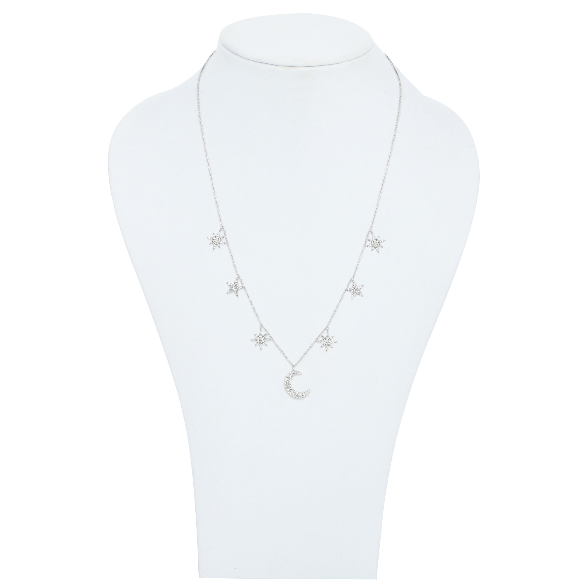 White Gold Star and Half Moon Charm Diamond Necklace
