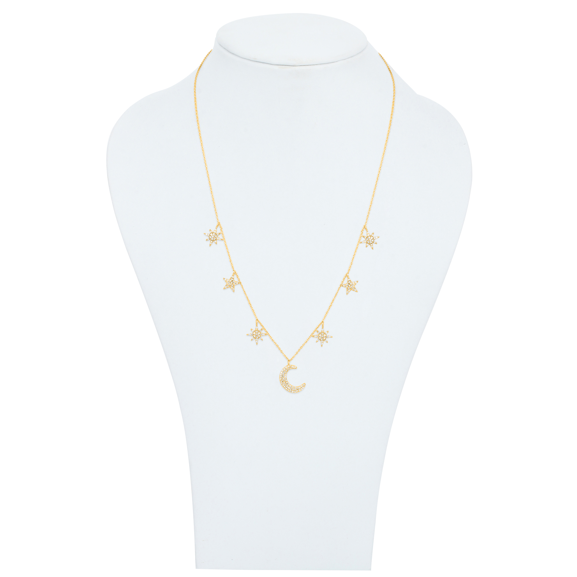 Yellow Gold Star and Half Moon Charm Diamond Necklace