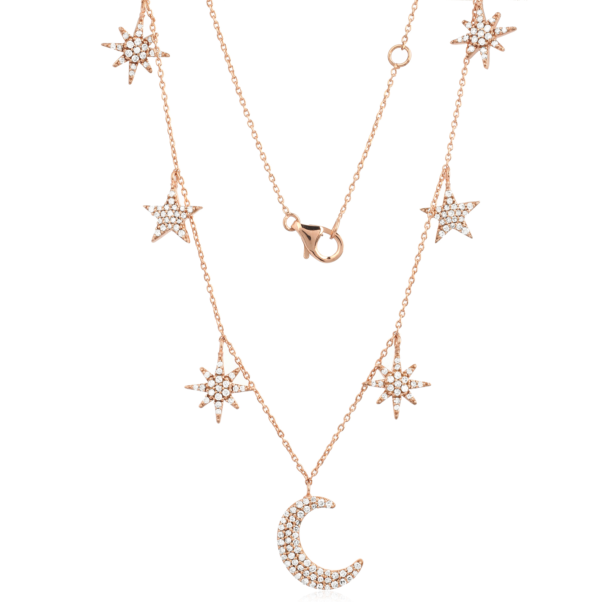 Sterling Silver Star and Half Moon Charm Diamond Necklace
