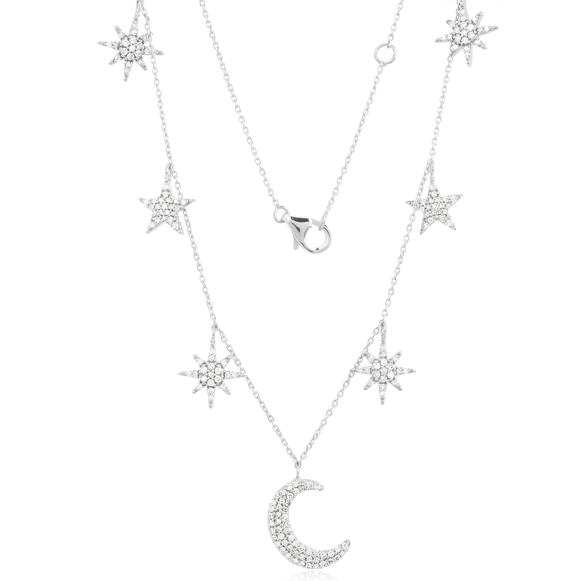 Sterling Silver Star and Half Moon Charm Diamond Necklace