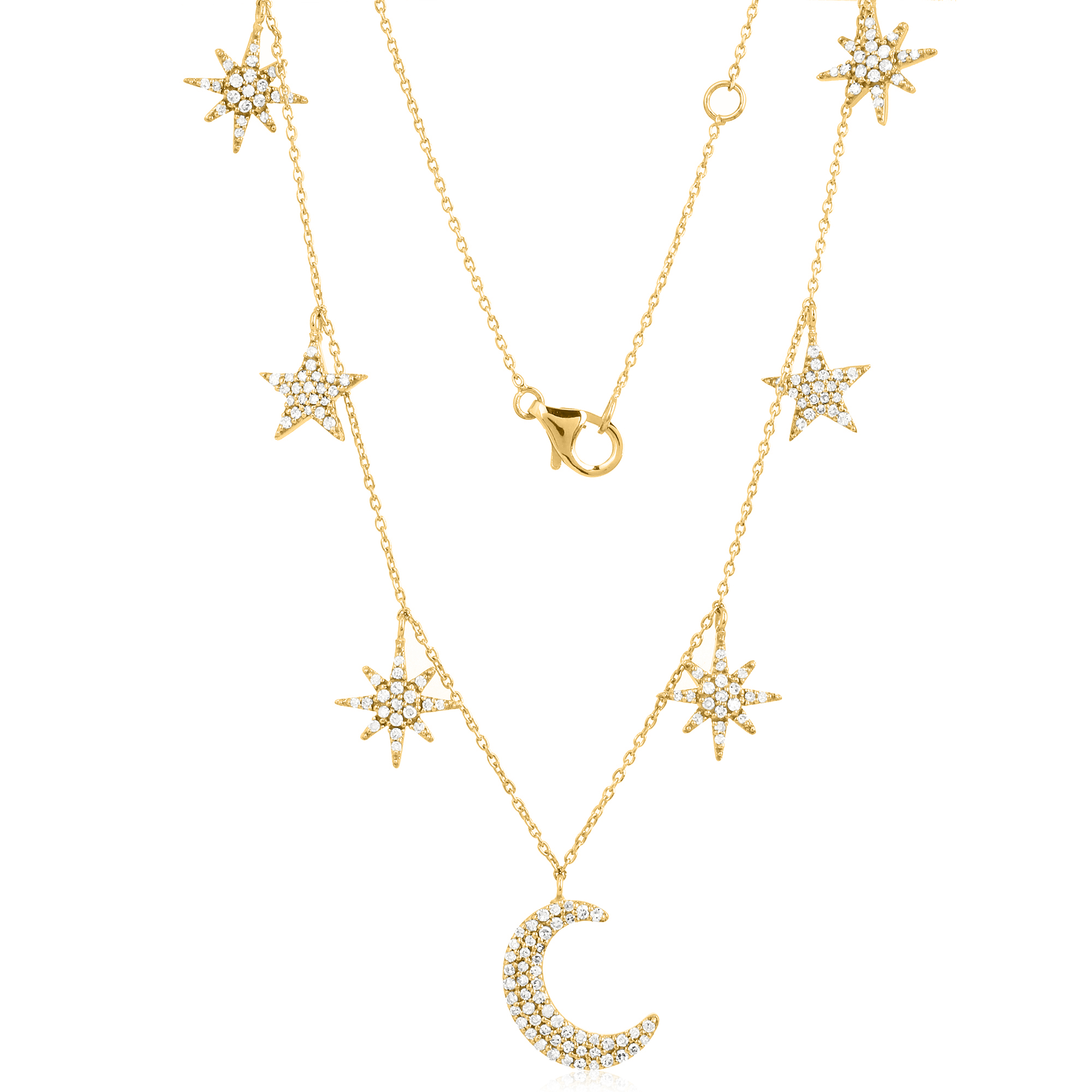 Yellow Gold Star and Half Moon Charm Diamond Necklace