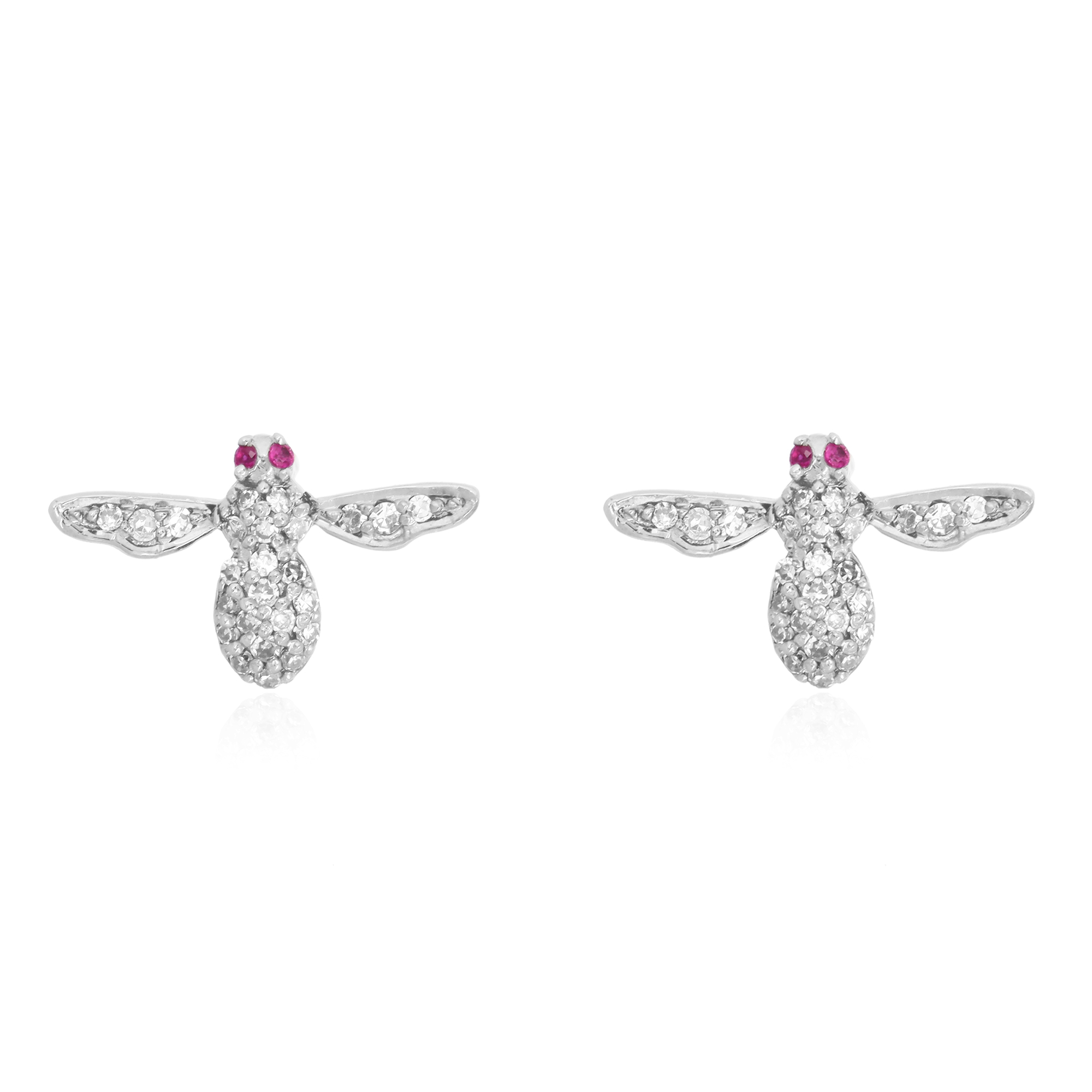 White Gold Diamond Bee Studs with Ruby Eyes