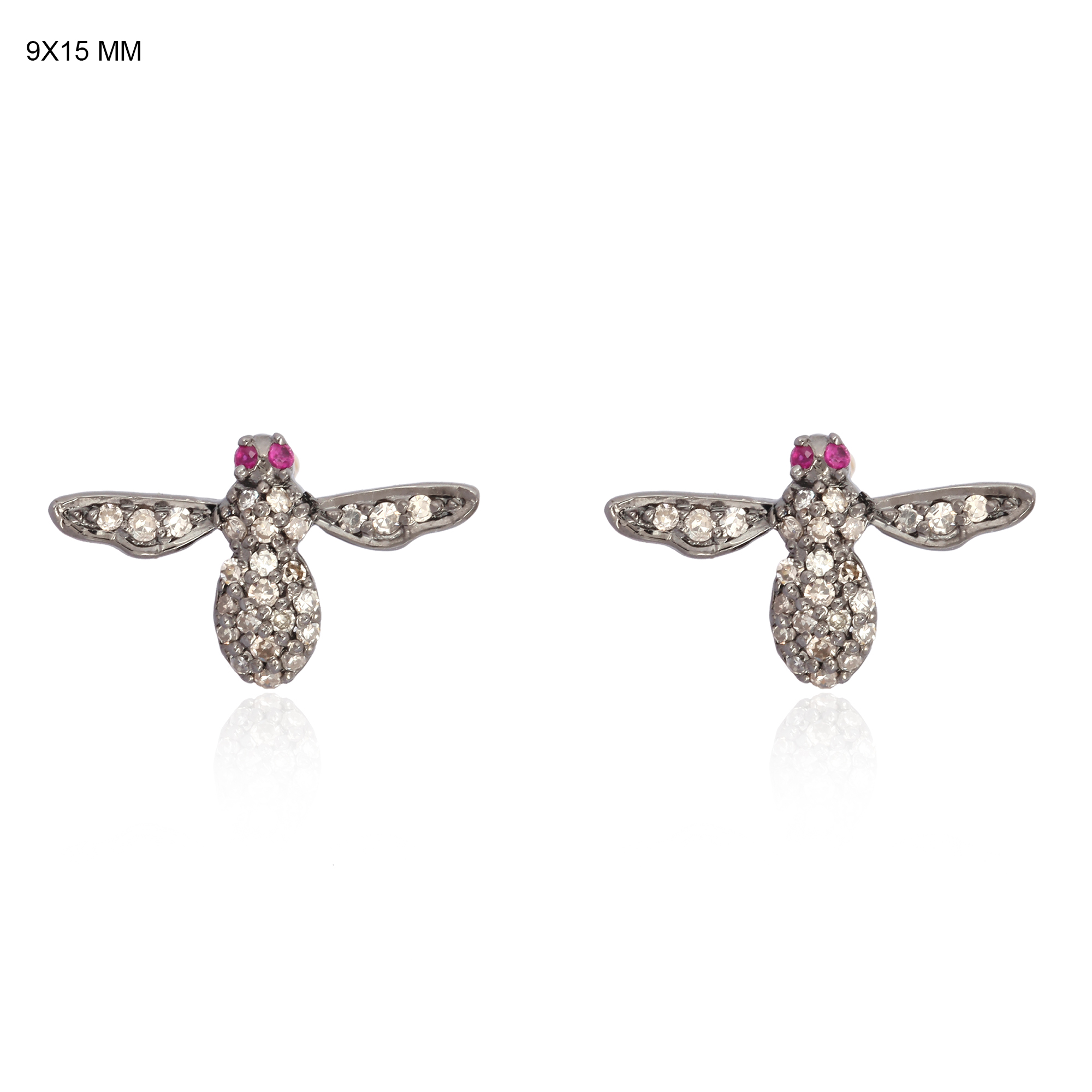 Sterling Silver Diamond Bee Studs with Ruby Eyes