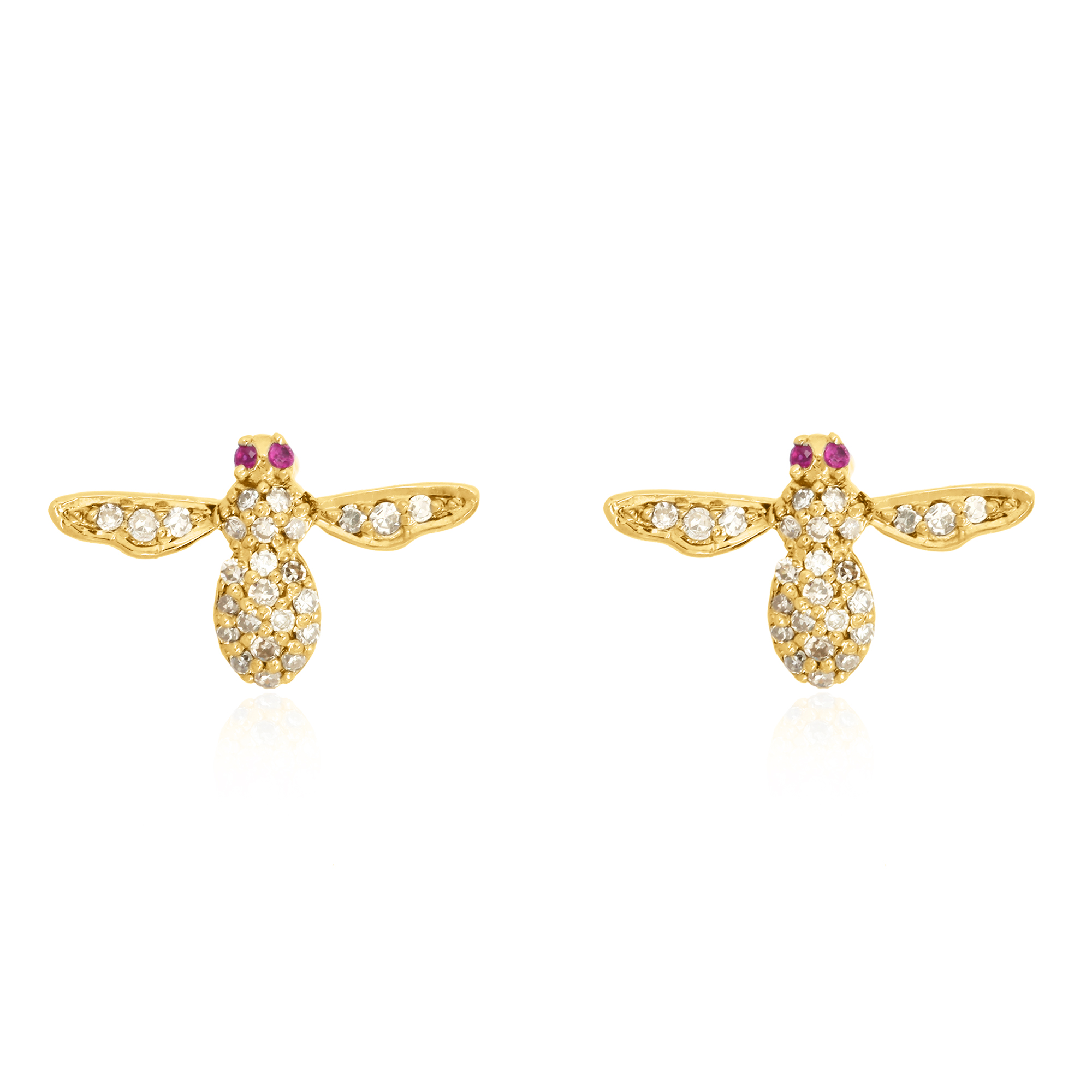 Yellow Gold Diamond Bee Studs with Ruby Eyes