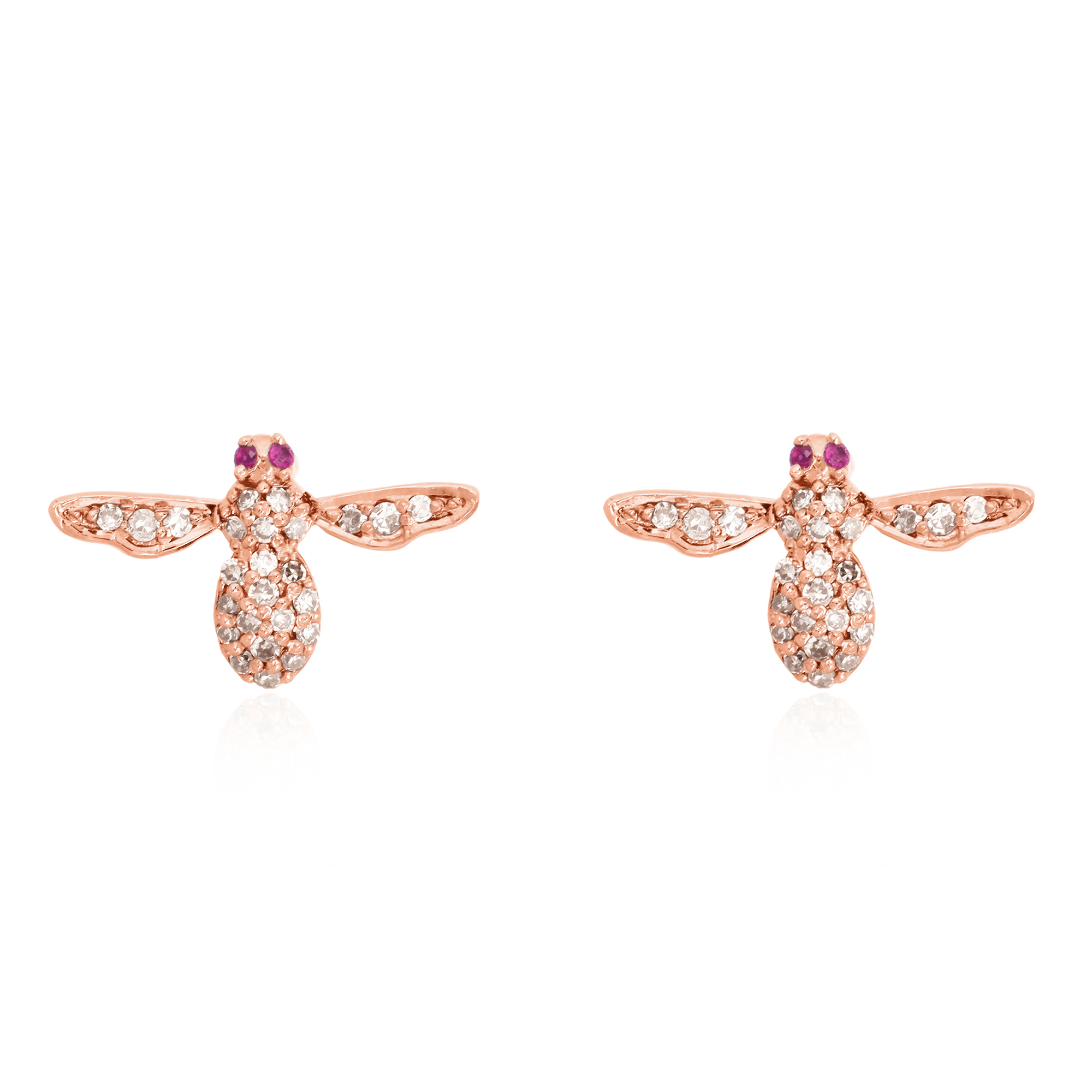 Rose Gold Diamond Bee  Studs with Ruby Eyes