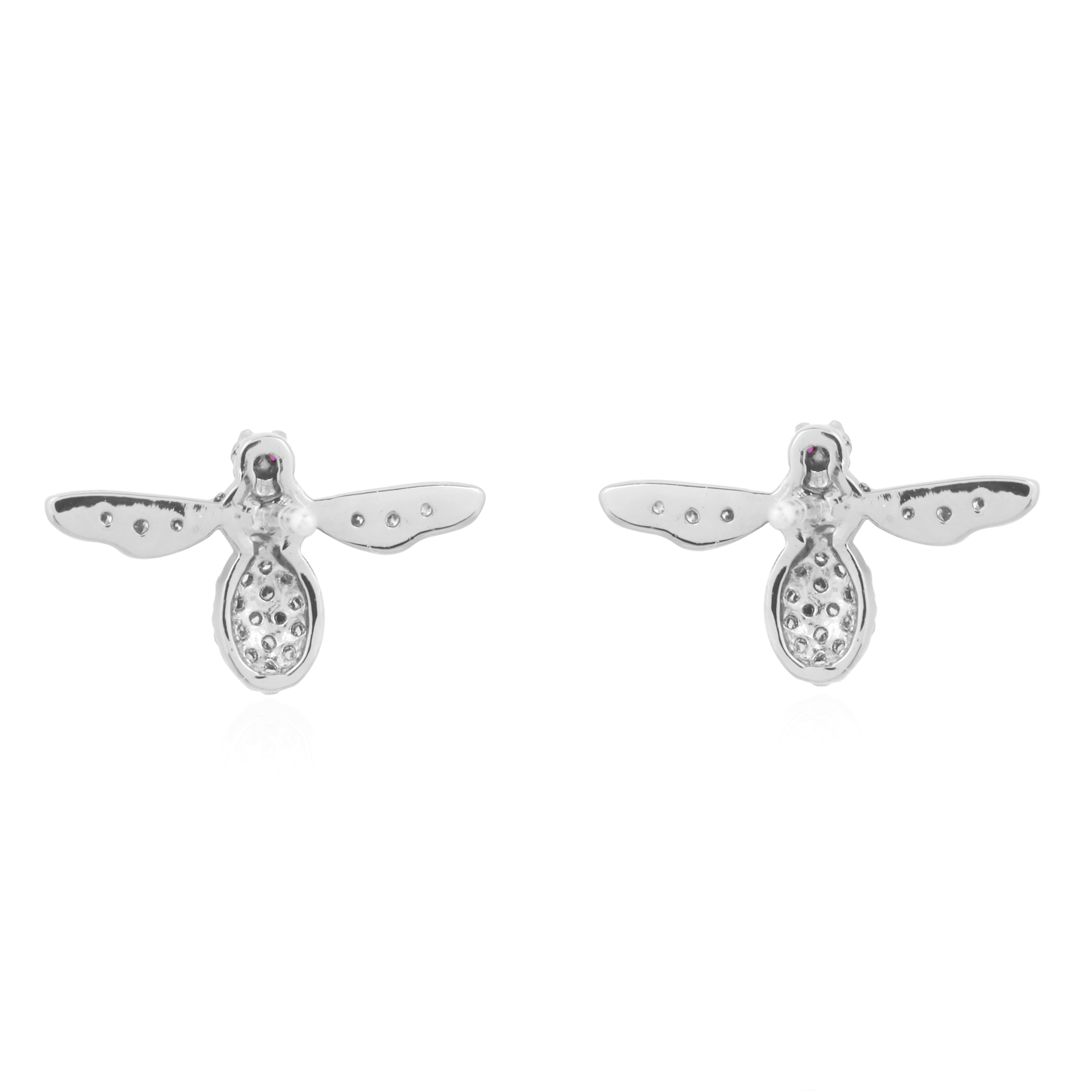 White Gold Diamond Bee Studs with Ruby Eyes