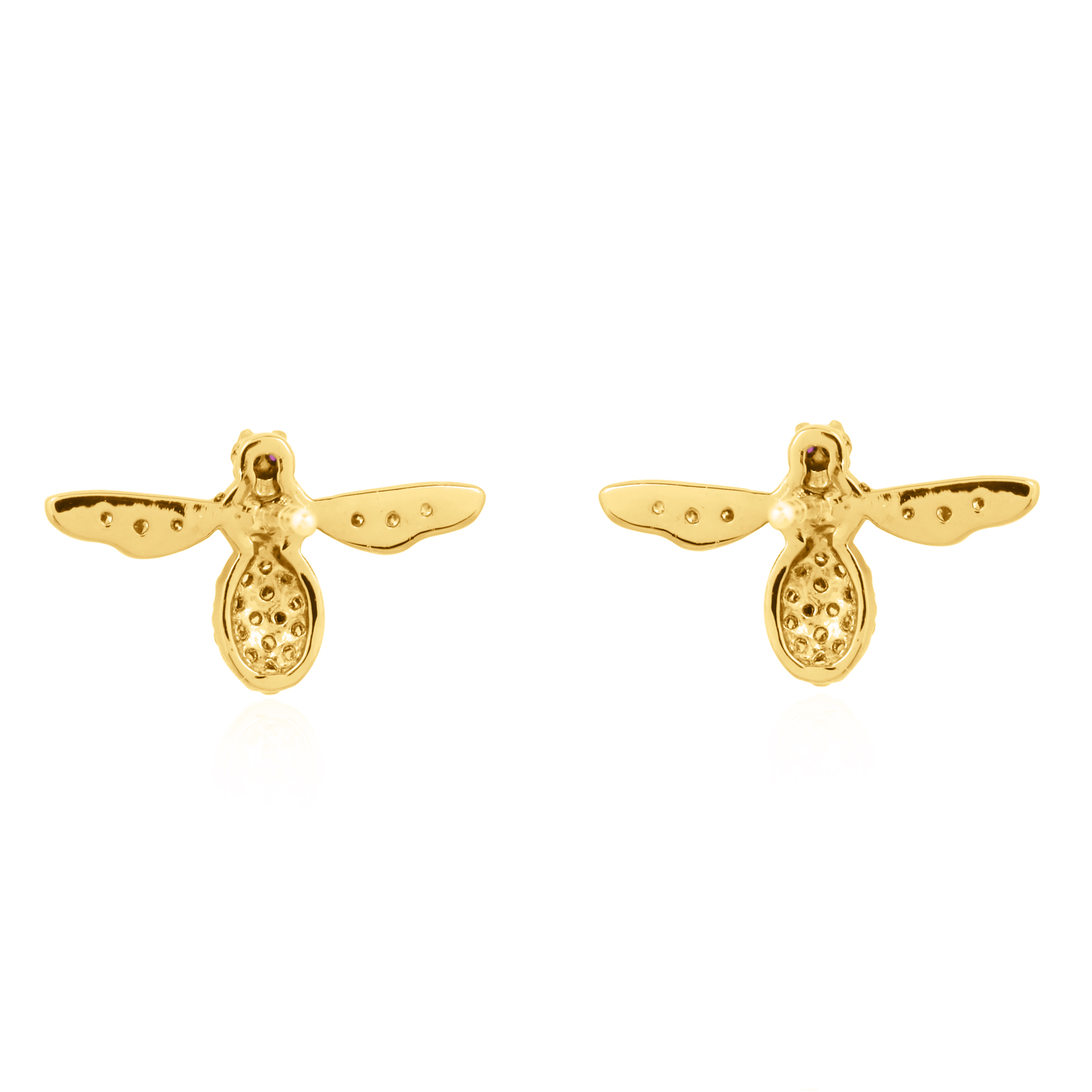 Yellow Gold Diamond Bee Studs with Ruby Eyes