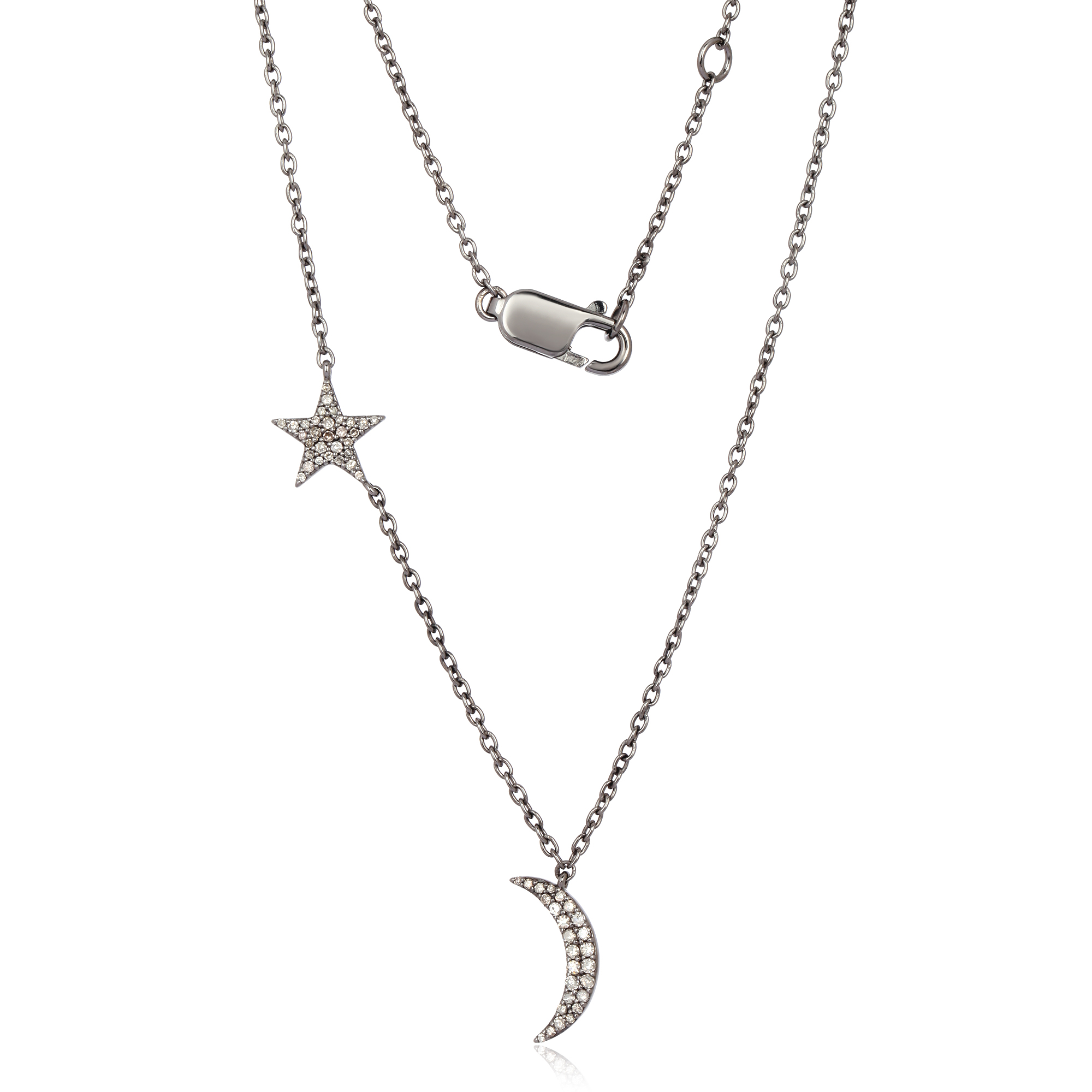Sterling Silver Half Moon and Star Diamond Pendant with Chain