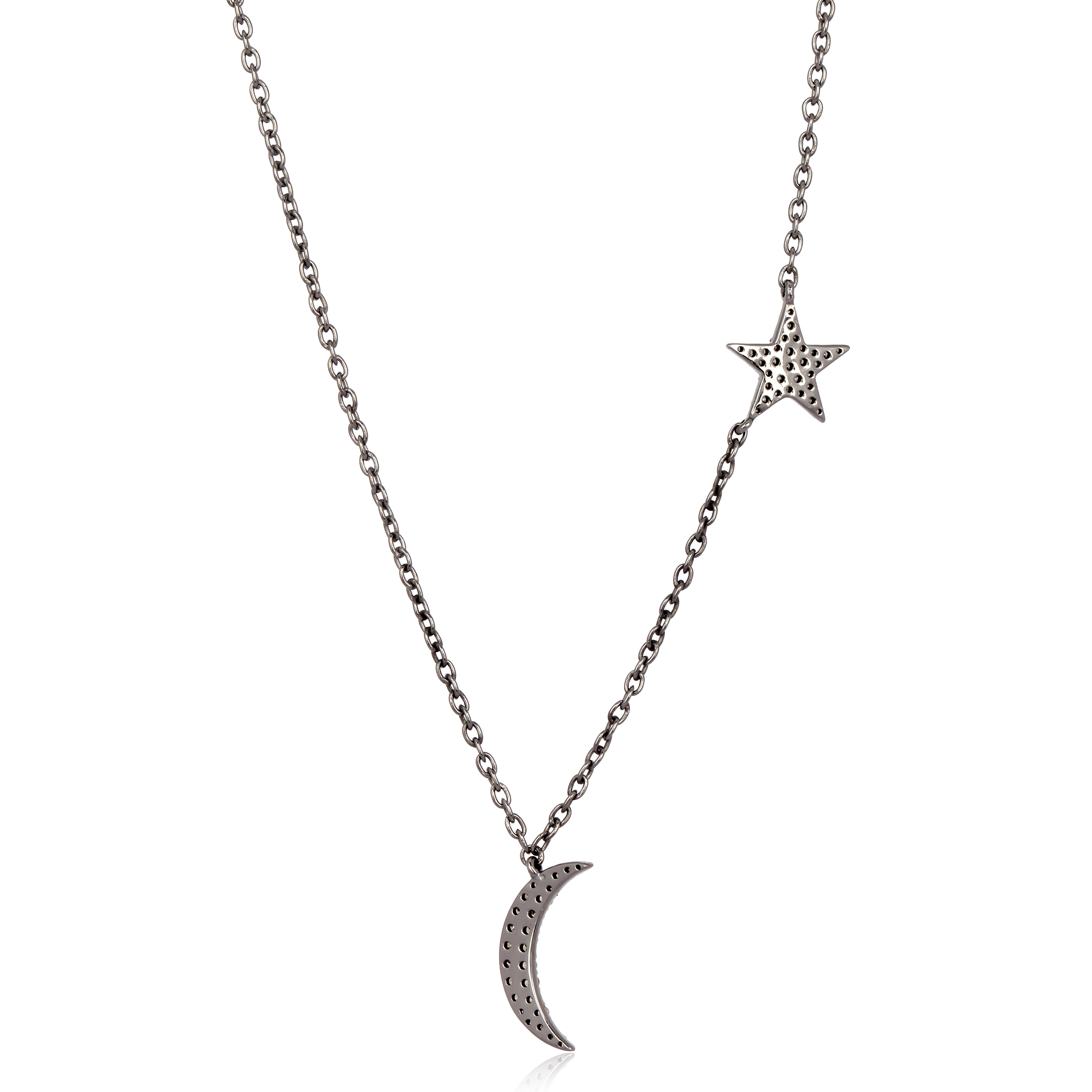 Sterling Silver Half Moon and Star Diamond Pendant with Chain