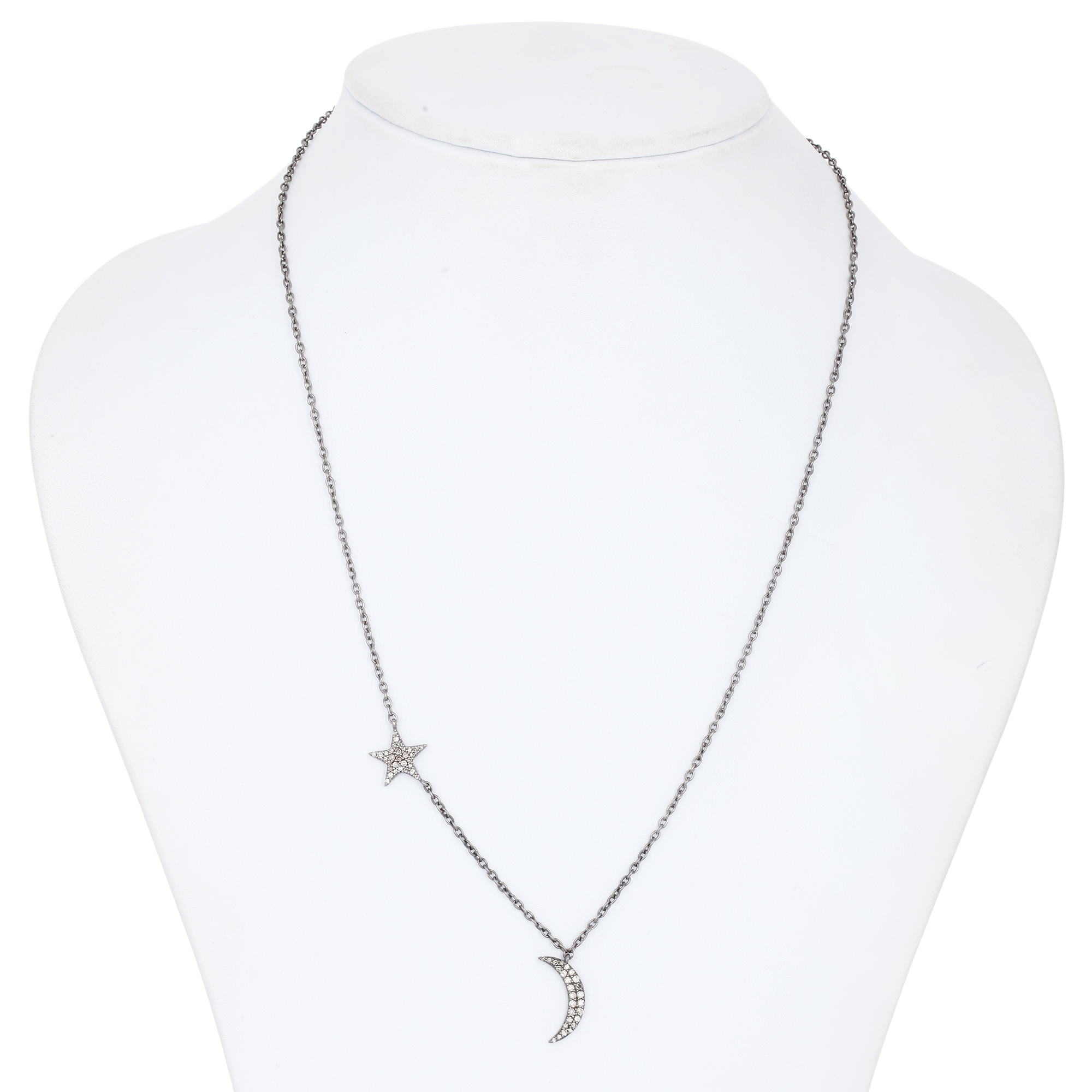 Sterling Silver Half Moon and Star Diamond Pendant with Chain