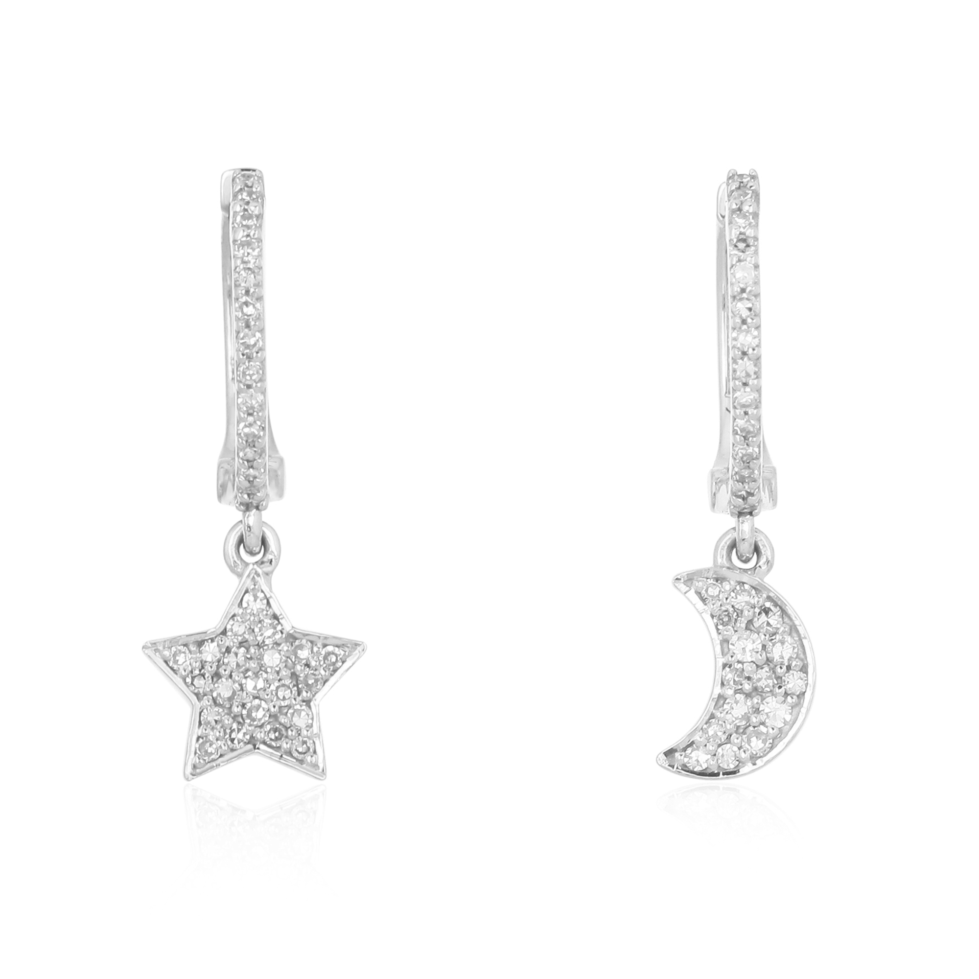 White Gold Diamond Star Moon Hanging Charm Combo Earrings