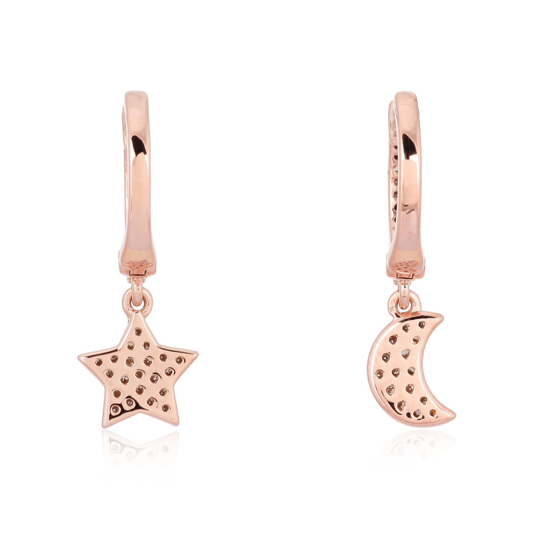 Rose Gold Diamond Star Moon Hanging Charm Combo Earrings