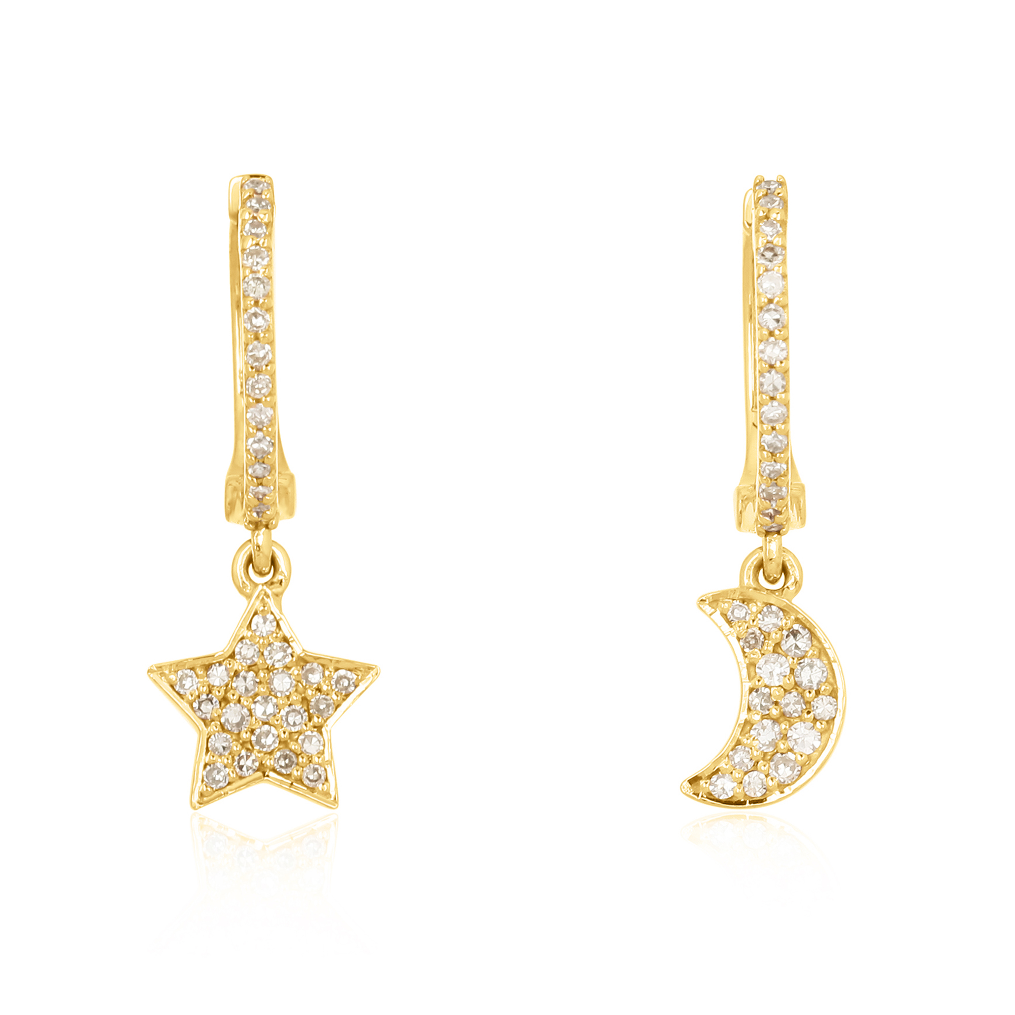 Yellow Gold Diamond Star Moon Hanging Charm Combo Earrings