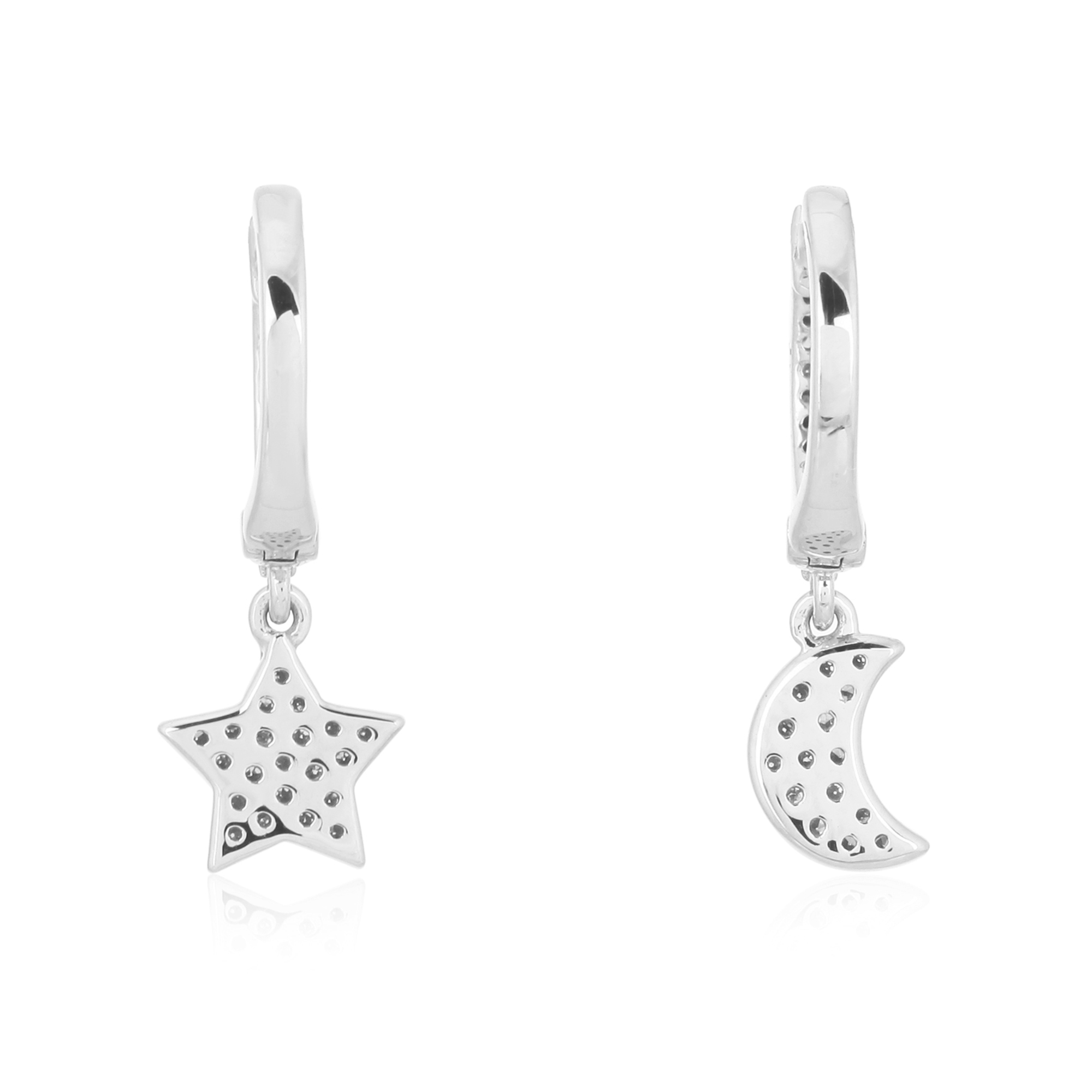 Sterling Silver Diamond Star Moon Hanging Charm Combo Earrings